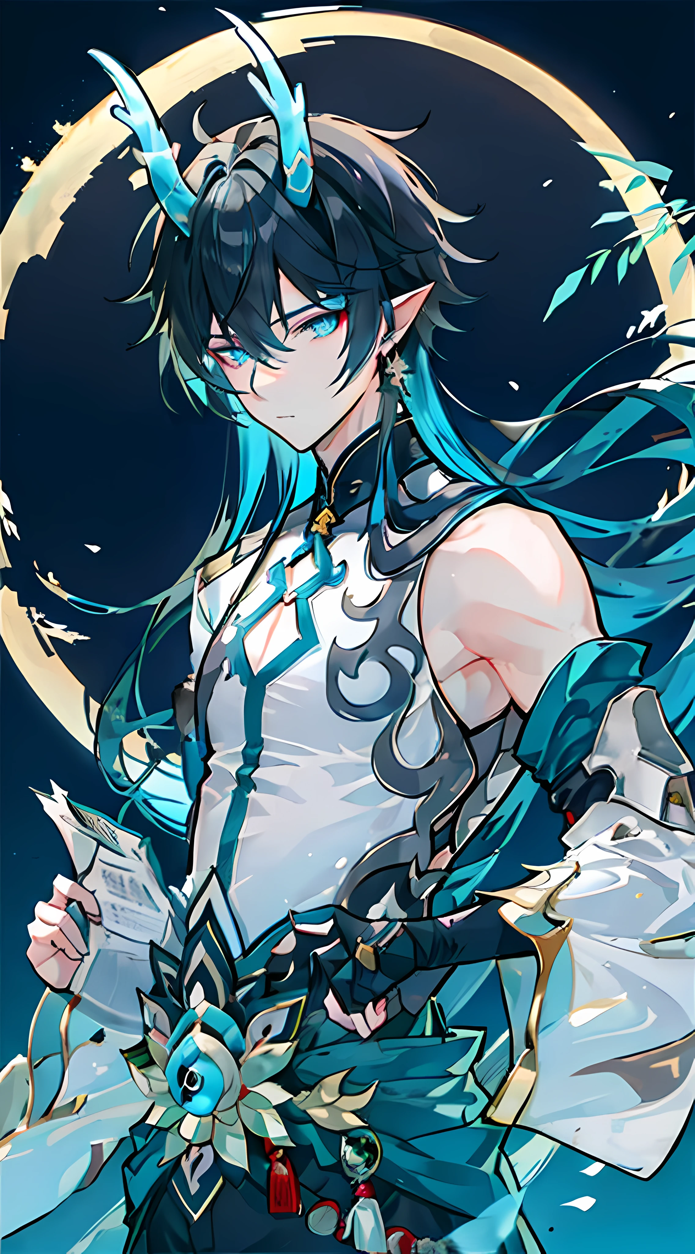 Silver Moon-kun\(Character\),Dragon 1\(Features\),Promenade,parapets,smog,Backlight,Book in hand,Chinese-style corridor,Bamboo,The background is an ancient landscape，bamboo forrest，Small pavilion，blue-sky，bust，exquisite facial features