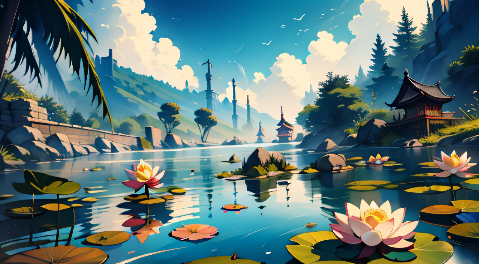 Riverside vista，There are lotus flowers，I vaguely saw several children swimming in the water，Catch fish