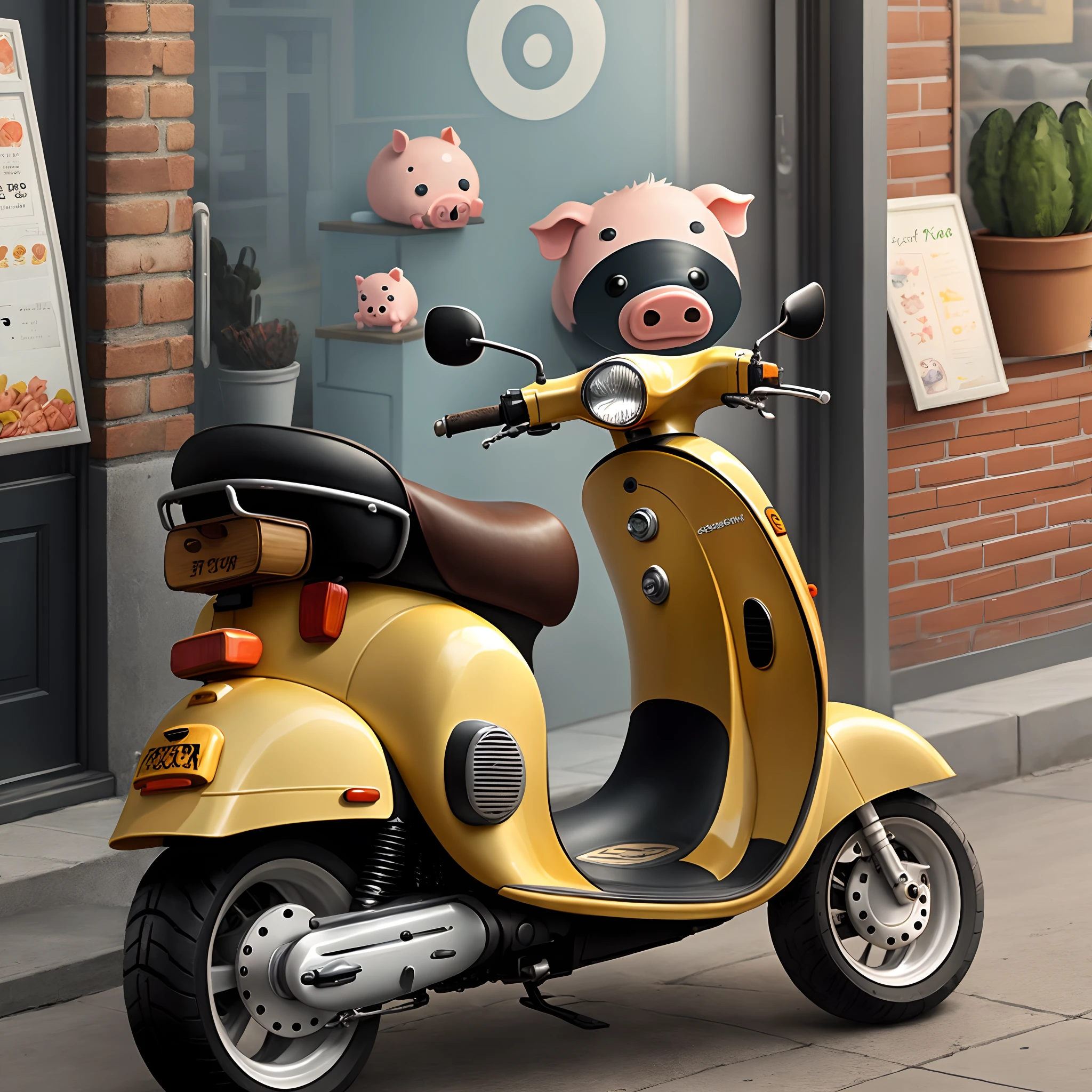 Scooter Unmanned Cartoon Pig Cute Vintage In front of the shop