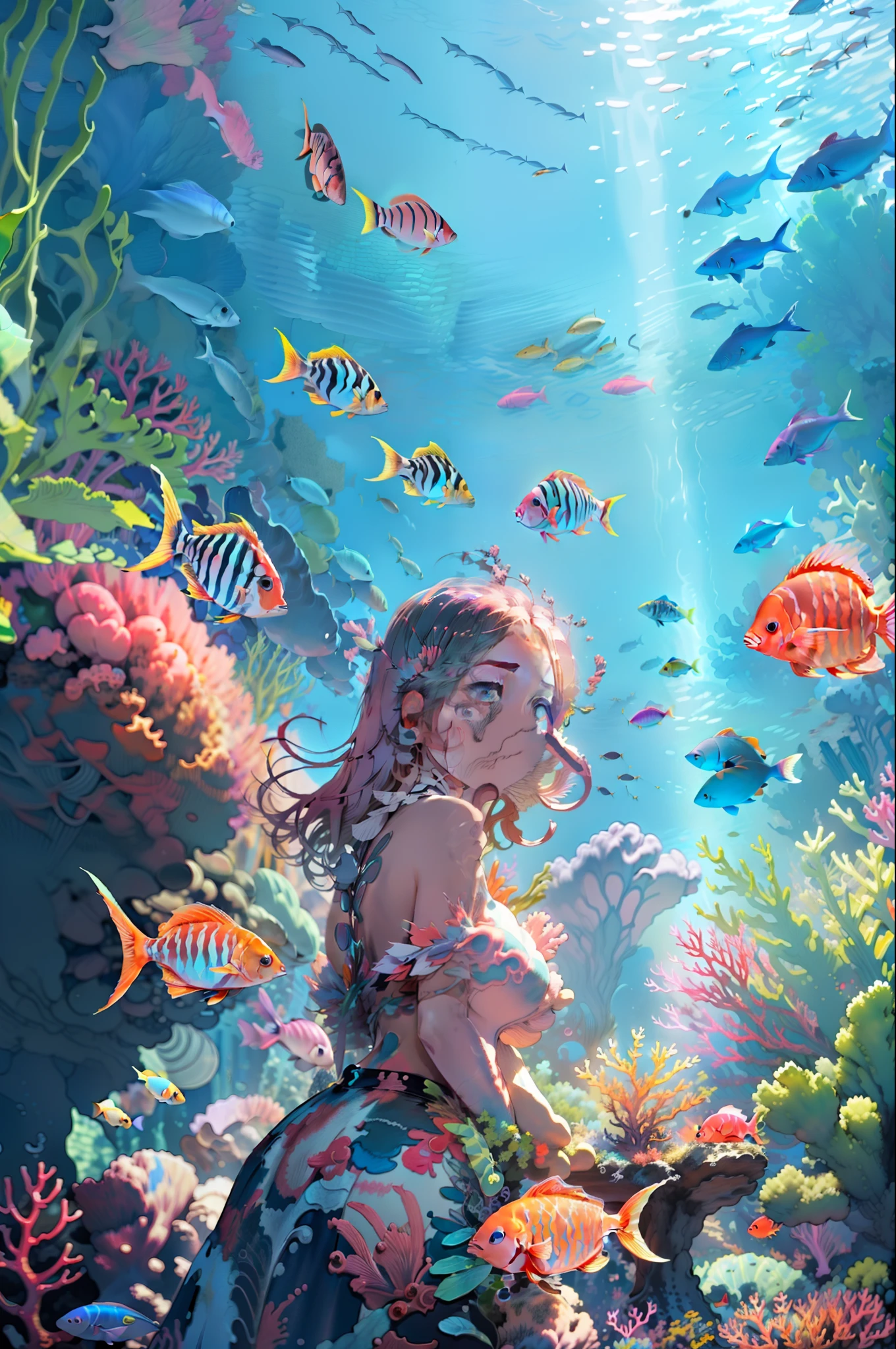 (Masterpiece, Best quality, A high resolution, anime big breast), (1girll, Blush, Underwater, Fish, Ocean),(ocean floor、Marine life、Beautiful coral reef、The fish),Messy painting style，Hair flows in water