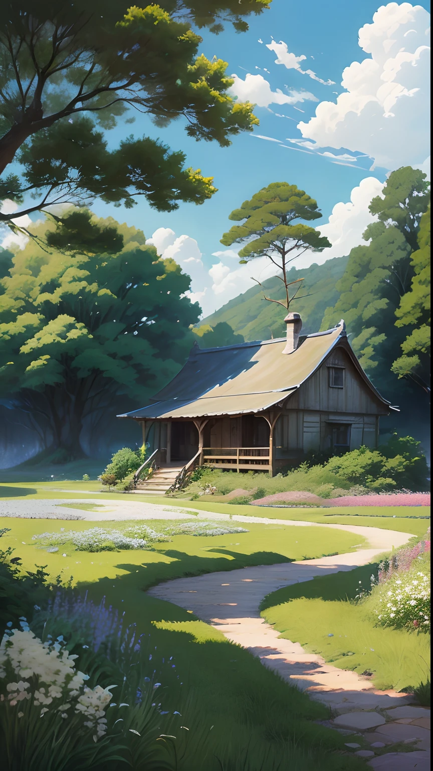 Realistic, authentic, beautiful and amazing landscape oil painting Studio Ghibli Hayao Miyazaki's petal grassland with blue sky and white clouds --v6