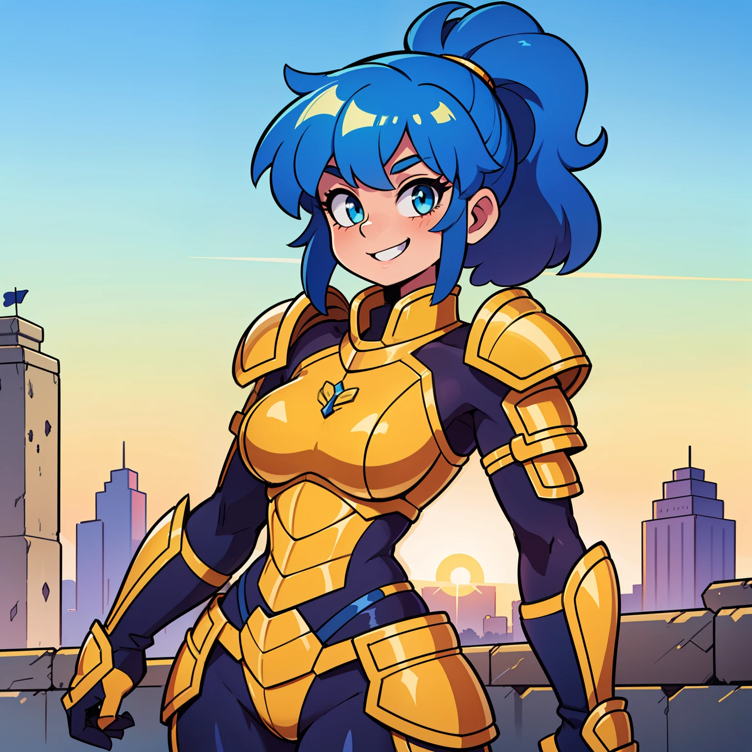 (1 girl), (solo), short blue hair, wavy blue hair, hair in a ponytail, shine golden eyes, strong build, athletic body, big breasts, (high quality), (hd), (very detailed), curly hair, broad shoulders, small chest, wide waist, slightly chubby, yellow armor, gold armor, sun details on armor, full armor, smile, powerfull, armor leggings