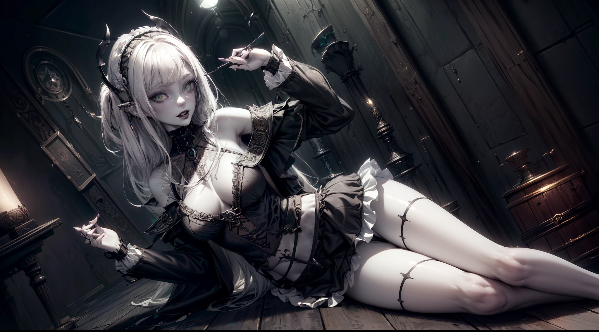 (necromance:1.2) girl, 1girl, perfect and well designed shiny eyes, (beautiful detailed (emerald:1.3) marsh eyes:1.05), natural breasts, slim body, beautiful and delicate face, (face detail), ((realistic face)), pores, ((pale skin)), detailed skin, realistic skin, medium length hair, hair voluminous, super high resolution, 8k, parameters Best quality, (masterpiece:1.4), (magic accessories:1.4), bracelets, necklaces, dark extremely detailed thick tight ((lacy silk clothing:1.3), (lacy wrap dress:1.2), (lycra kimono:0.8),(wild goth skirt:1.5)), (shabby ruffles coat:1.6), (embroidery and lace:1.3), (jewelry ornaments:1.6), hair ornament, (cloth:1.3), (neckline:1.3), (cleavage), decolette, navel, Young Girl, Little Beast, (crazy:0.7) Smile, (Pale Skin:2.0), (19 Piercings:1.6), ((tattoos all over body, Tribal tattoos all over legs)), surrounded by darkness, (Darkness:1.2), Dark Fantasy, ultra detailed, photorealistic, ((Real image)), (best quality:1.4), super high resolution, (Realistic 2.0), More details, (full body portrait), (((1girl))), (witchcraft:1.5), magic energy flows and sparkles, (futurism:1.3), fantasy, (cyberpunk:1.4), (magic technologies:1.3), (beautiful and aesthetic:1.2), (fractal art:1.4), (cinematic light:1.1), (DUTCH ANGLE:1.75), 16K, HDR, RTX, Ray Tracing, Radiosity, Anisotropic Filtering, Subsurface Scattering, (((magic lights))), metallic reflections, Detailed, Realistic, 4k highly detailed digital art, (cool_color), extremely detailed CG unity 8k wallpaper, vibrant colors, (((seductive pose)))