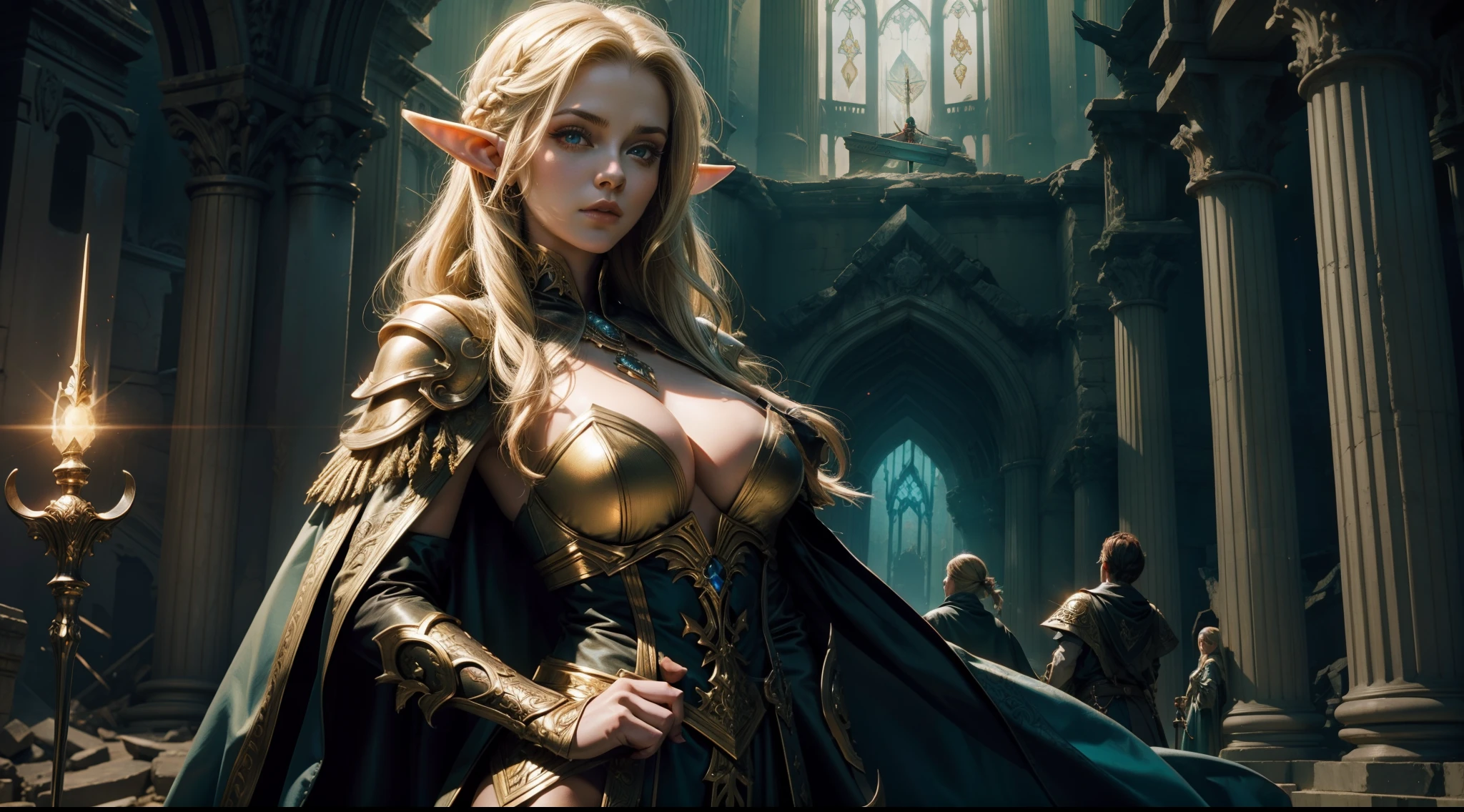 Female elf，Large breasts，magnificent robe，Glowing scepter，dramatics，dynamicposes，The background is a ruin，（Mid-range portrait：1.3）