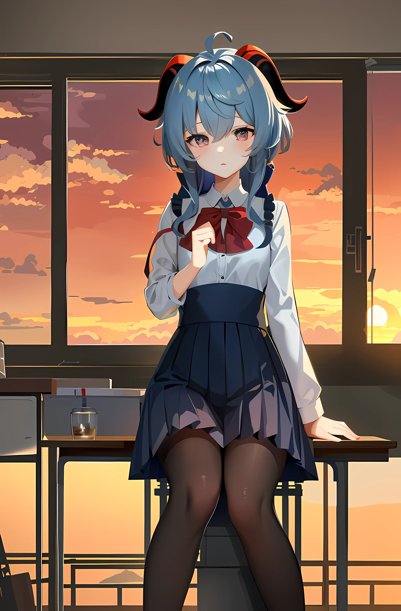 anime girl sitting on a table with a cup of coffee, anime moe art style, Kantai collection style, Anime art wallpaper 8 K, ((Sunset)), style of anime4 K, 4K anime wallpaper, Anime art wallpaper 4k, Anime art wallpaper 4 K, Anime wallpaper 4 k, Anime wallpaper 4K, with a sunset, 4k manga wallpapers