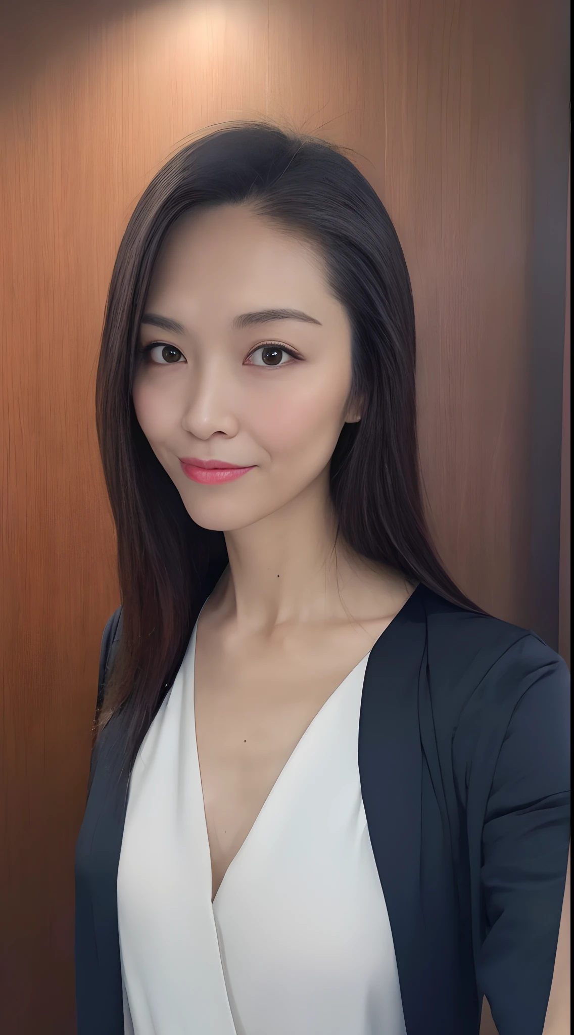 (Top Quality, 16k, Masterpiece: 1.3)), Slender Beauty 1 Person: 1.5, (C Cup Breasts: 1.1, Slender Abs: 1.2), (Black Straight Long Hair), (Ultra Detailed Face and Skin Texture, Ultra Detailed Eyes, Double Eyelids, Ultra Detailed Eyes), (Sharp Focus: 1.2), Dark Blue Suit, Back ground is President's Office, facing camera