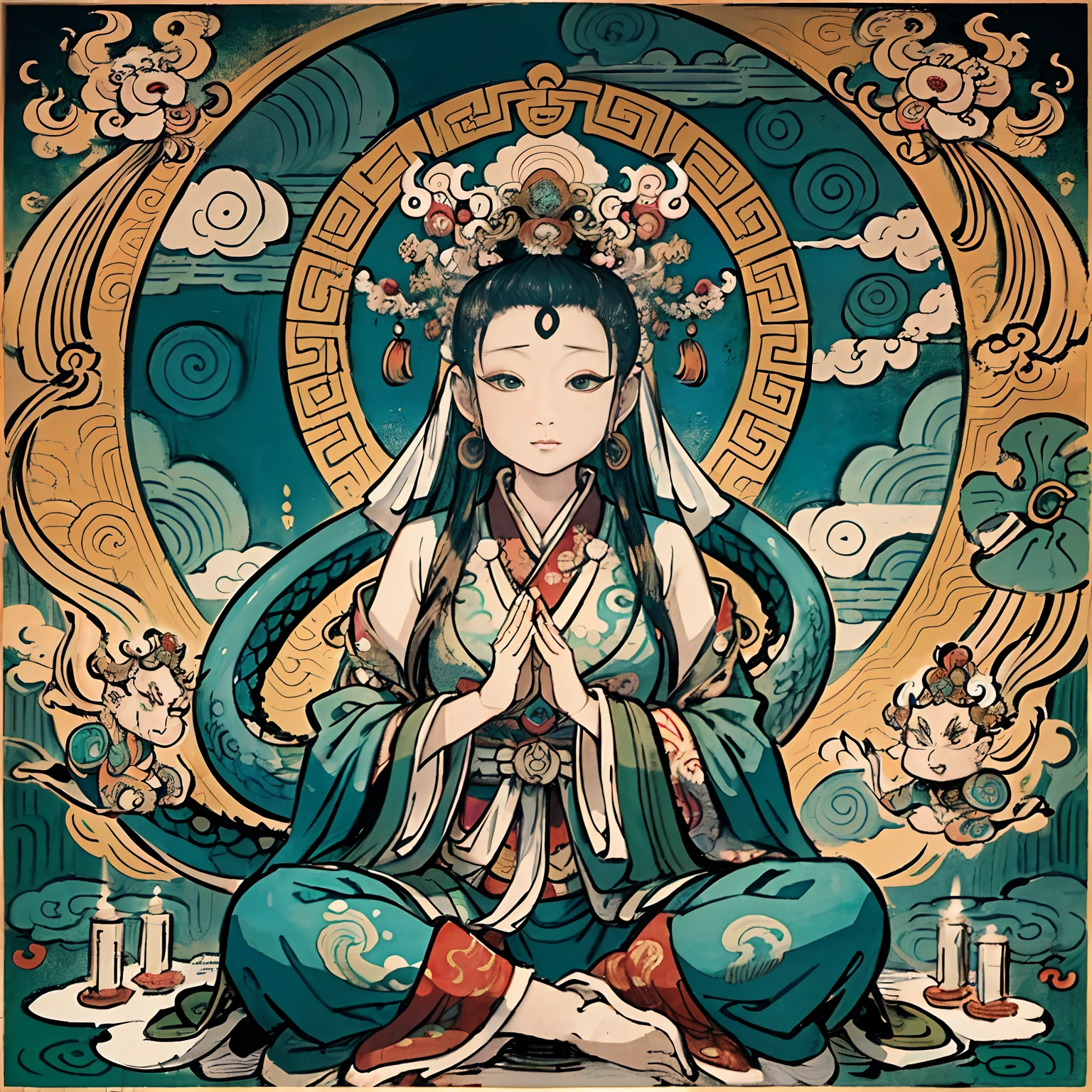 an ancient Chinese goddess, guanyin of the southern seas, Guanyin, Inspired by India, Avalokiteshvara rides a dragon,,Serene expression,shui mo hua,Buddha,Buddhist,Lotus,Chinese painting style,Thangka style
