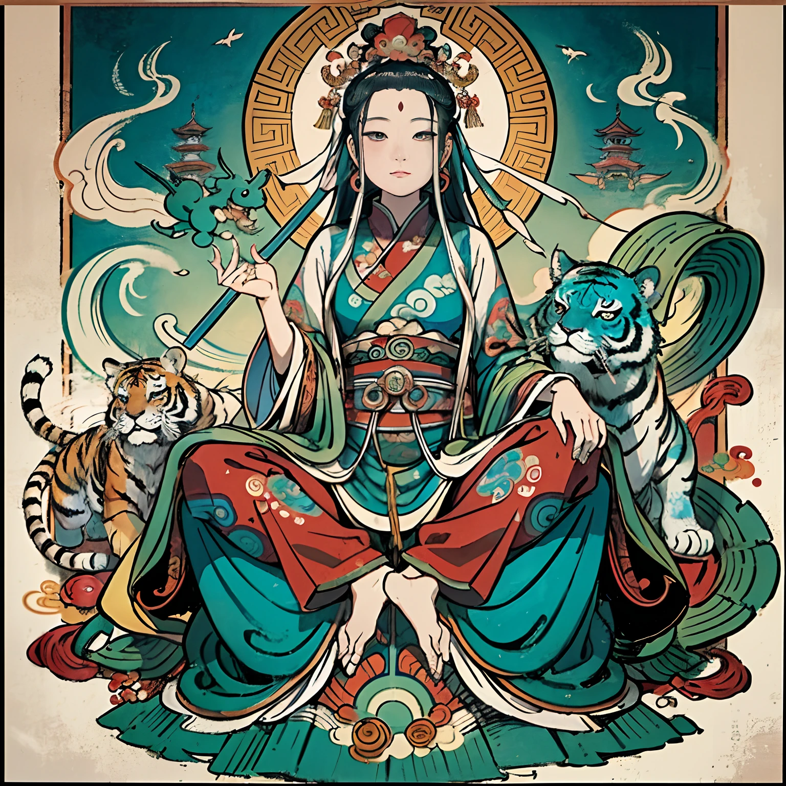 an ancient Chinese goddess, guanyin of the southern seas, Guanyin, Inspired by India, Avalokiteshvara rides a tiger，,Serene expression,shui mo hua,Buddha,Buddhist,Lotus,Chinese painting style,Thangka style