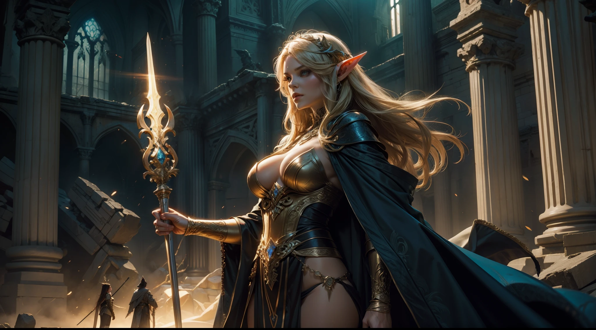 Female elf,Large breasts,magnificent robe,Glowing scepter,dramatics,dynamicposes,The background is a ruin,(Mid-range portrait:1.3)