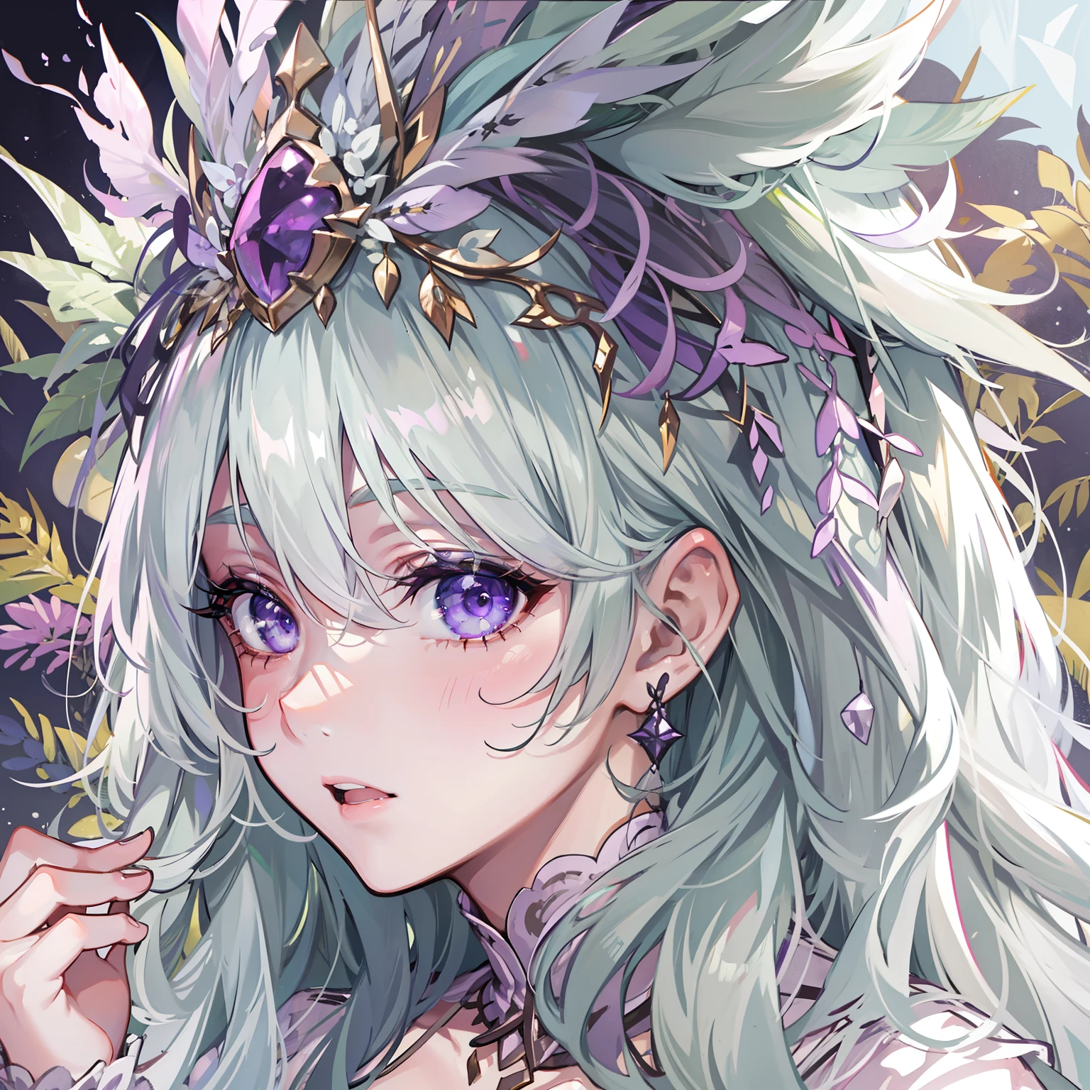 tmasterpiece，Best quality at best，A girl，Pine leaf white green hair，Purple pick dye，Smoky eyes，Purple-white gradient eyes，diadems，Colorful headdress