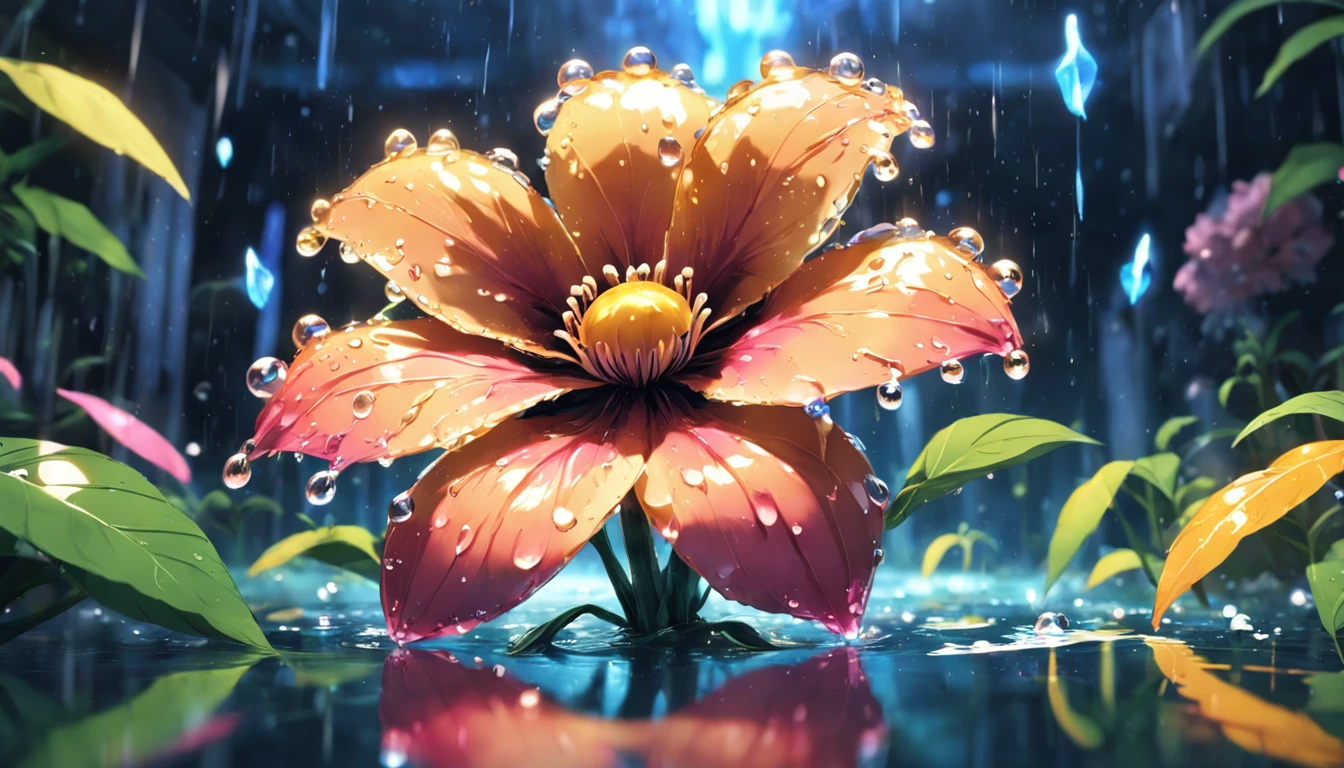Retro arcade style a fluid big translucent jungle flower made of water is blooming, water drop on petals,after the rain, macro photo, Abstract photography, Astrophotography Lens (50mm), aerial photograph, super-detailed, (masterpiece,best quality:1.5) 6|HD, high fidelity, HDR . 8-bit, pixelated, vibrant, classic video game, old school gaming, reminiscent of 80s and 90s arcade games