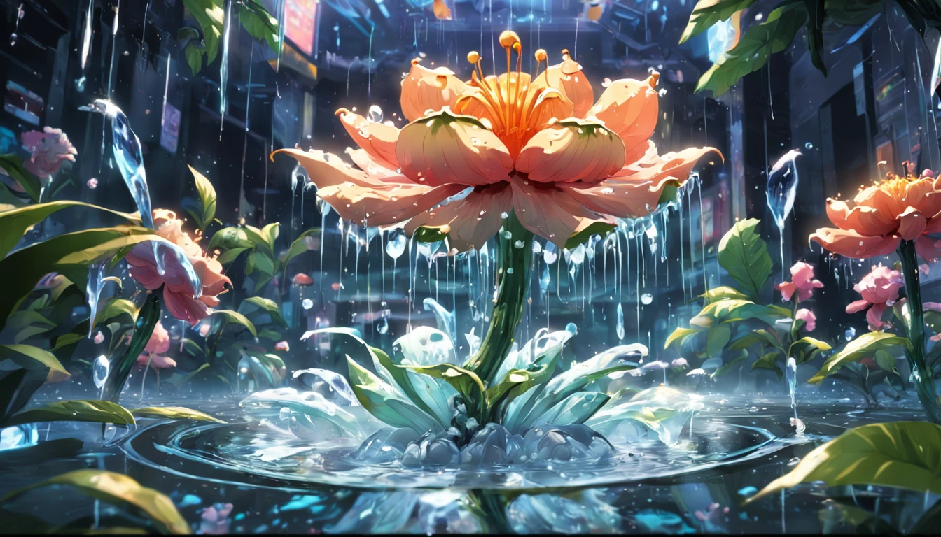 Retro arcade style a fluid big translucent jungle flower made of water is blooming, water drop on petals,after the rain, macro photo, Abstract photography, Astrophotography Lens (50mm), aerial photograph, super-detailed, (masterpiece,best quality:1.5) 6|HD, high fidelity, HDR . 8-bit, pixelated, vibrant, classic video game, old school gaming, reminiscent of 80s and 90s arcade games