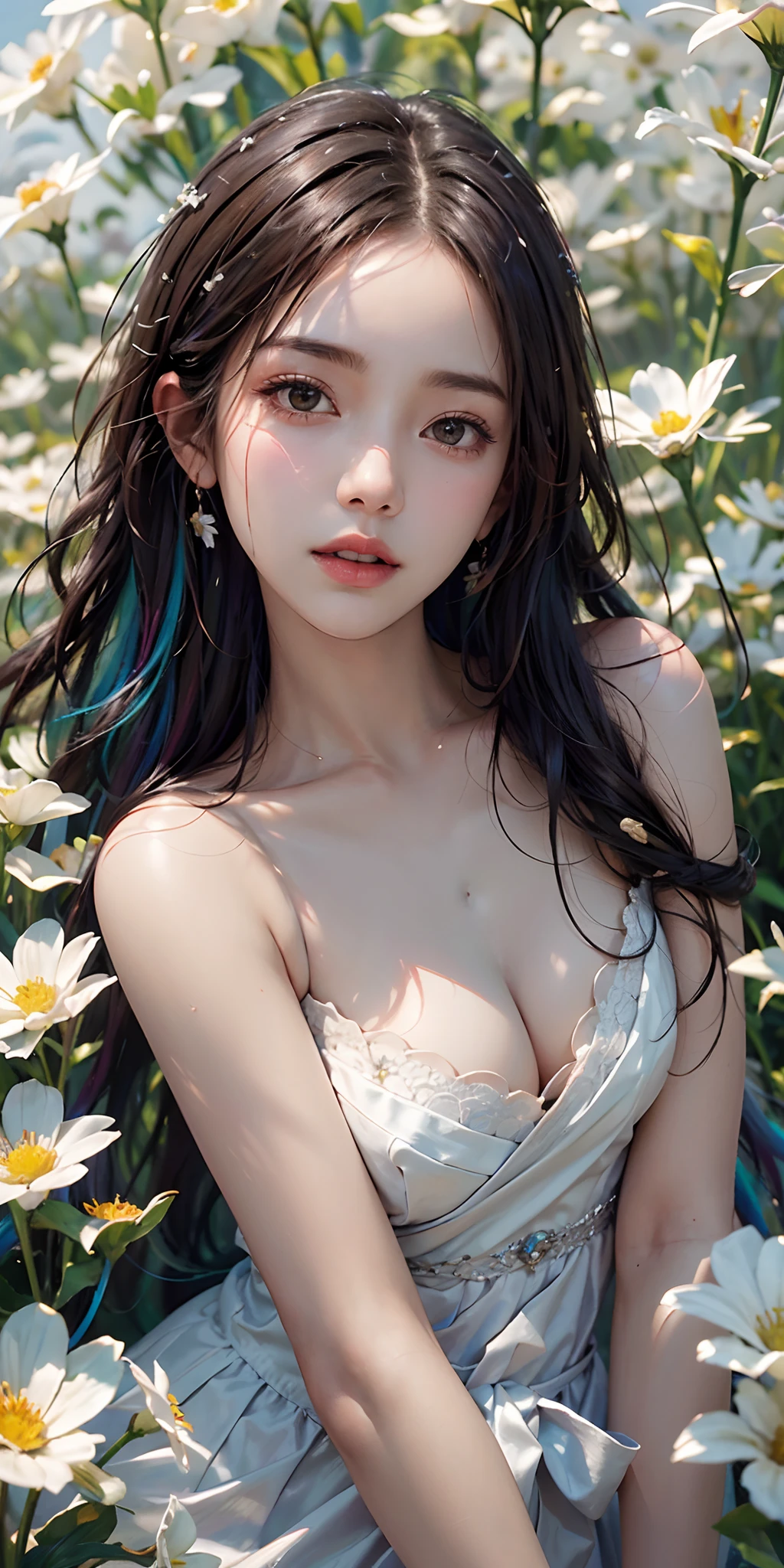 photorealistic, high resolution, soft light,1women, solo, hips up, shining skin, (detailed face),jewelry, rainbow color Hair, white_dress flower field,(dynamic angle:1.1),vivid,Soft and warm color palette, delicate brushwork, evocative use of light and shadow, wide shot,subtle details in the wilting flowers,high contrast,color contrast,