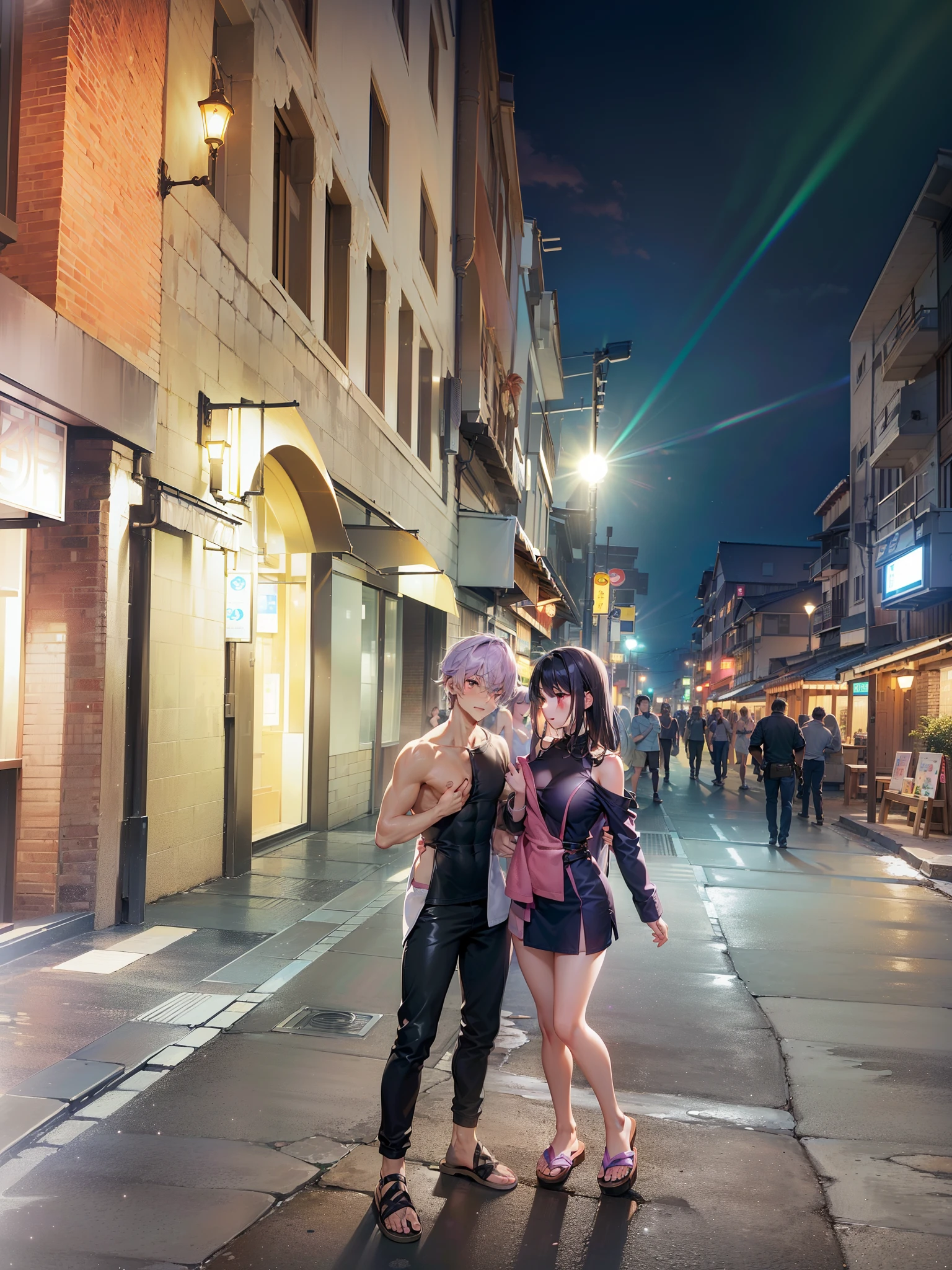 Masterpiece, top quality, (boys grab girls' breasts: 1.5), 1 girl, couple of men and women. (((Boys: 1.3), Black Haired Muscular, Handsome, Purple Eyes, Men Rubbing Their Breasts from Behind, Plotted Face)), ((Girls, Short Hair, Chest, Bangs, Red Eyes, Lilac Hair,Small Breasts, Cleavage, Bare Shoulders, (Blush: 1.5), Excited, Girls Look Away)), Onsen,Naked Towel, (White Towel:1.5)
