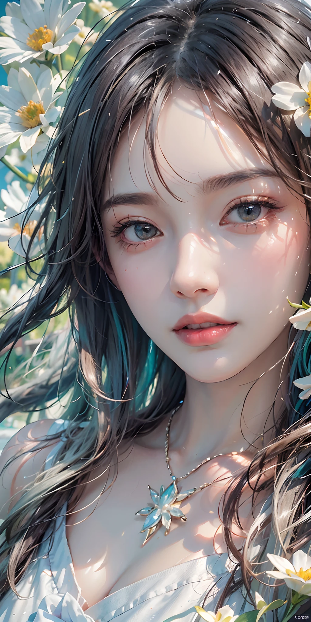 photorealistic, high resolution, soft light,1women, solo, hips up, shining skin, (detailed face),jewelry, rainbow color Hair, white_dress flower field,(dynamic angle:1.1),vivid,Soft and warm color palette, delicate brushwork, evocative use of light and shadow, wide shot,subtle details in the wilting flowers,high contrast,color contrast,