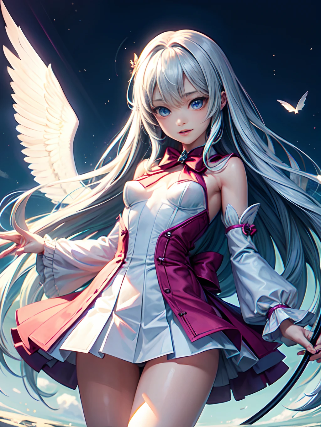 1 magical girl,Flying in the sky,mid air、Cute Magical Girl Costume、Slender Line、slender body、a miniskirt、Eyes from below、White small panties、Have a magic cane、laugh、
(((tmasterpiece))), ((best qualtiy)), ((intricate detailes)), ((Ultra-realistic realism)), ighly detailed, illustratio, ((Medium chest)), perfect hand, Detailed finger, Beautiful detailed eyes, detailedbackground, perfect eyes, mesmerizing eyes,cocked ass,