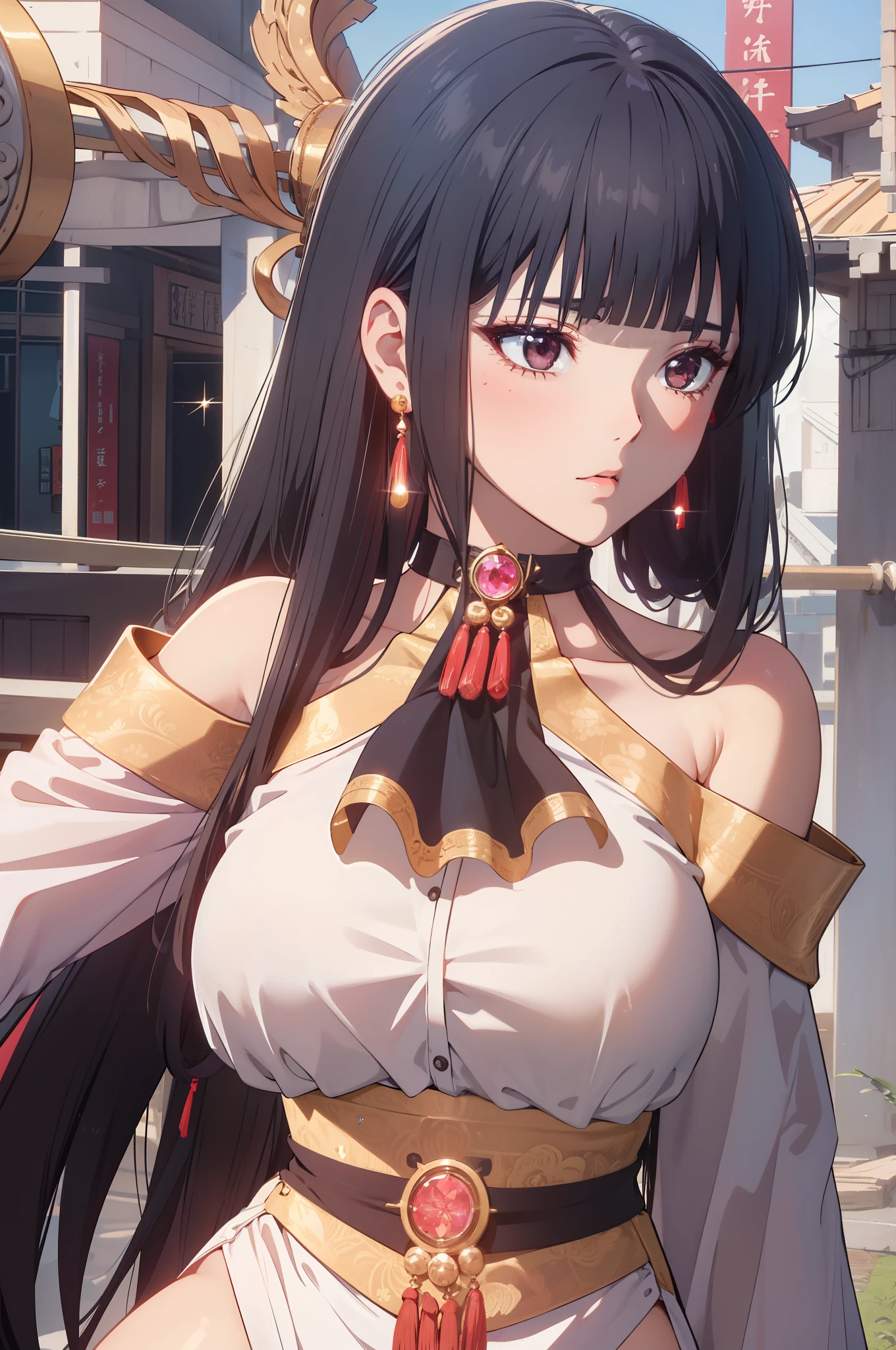 Top image quality、Top image quality、ultra - detailed、tmasterpiece、masutepiece、8K、ultra - detailed、detaileds、intricately details、 1girl in、1girl in、独奏、brunette color hair、long whitr hair、bluntbangs、With gray eyes、Red blush、cropped shoulders、collars、耳Nipple Ring、masutepiece, Best quality), Intricate details, 1girl in, 1girl in, Solo, Black hair, Long hair, Blunt bangs, With gray eyes, Blush, Collar, Earrings、Beautiful fece、Deities々right、Beautuful Women、Beautuful Women、Exposed shoulders、White costume、Fantasy world、A detailed face、Large full breasts、thighs thighs thighs thighs、thick thight、Thigh emphasis、Sit on the