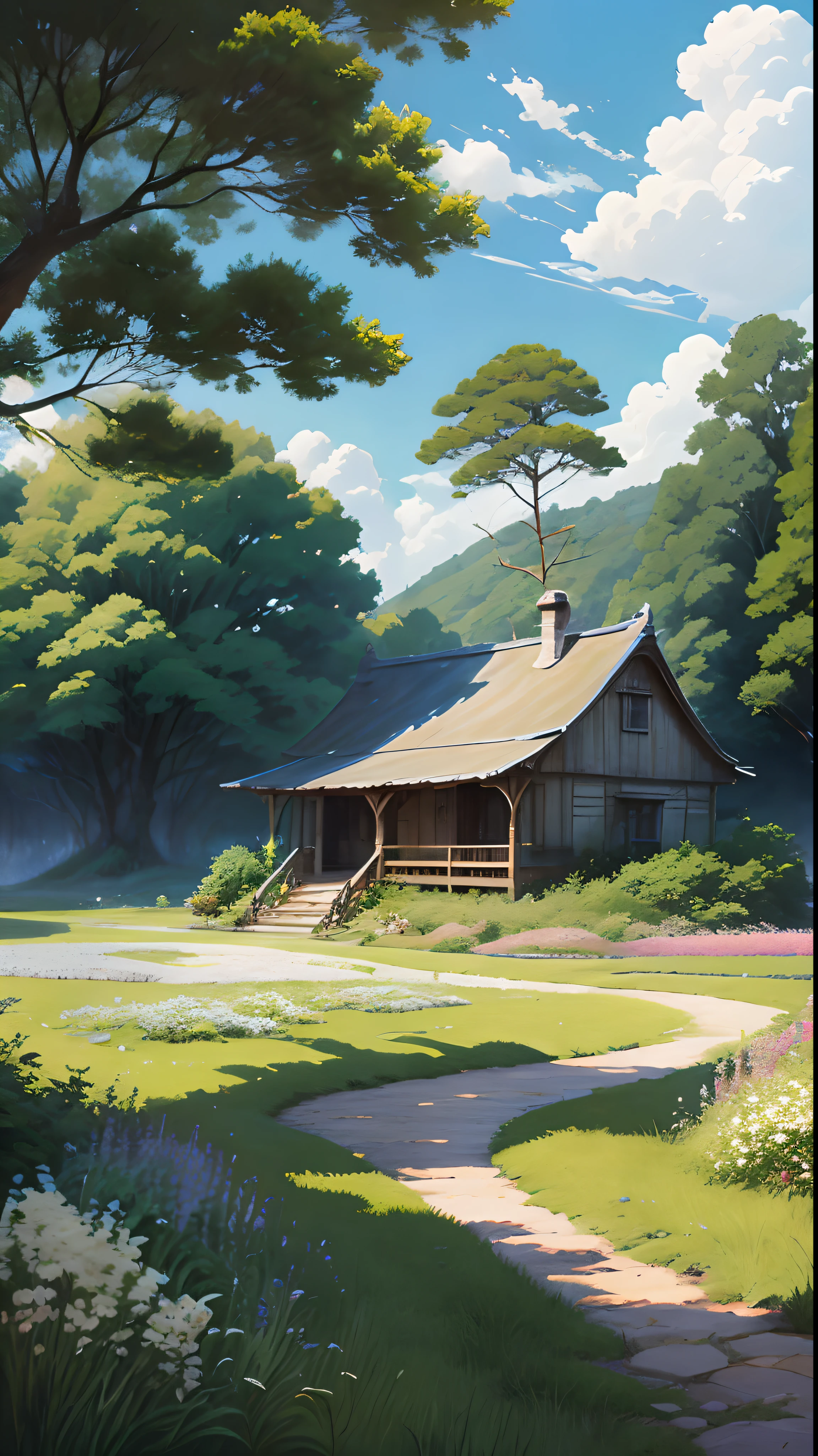 Painting of a small cabin in a field with a path leading to it - SeaArt AI