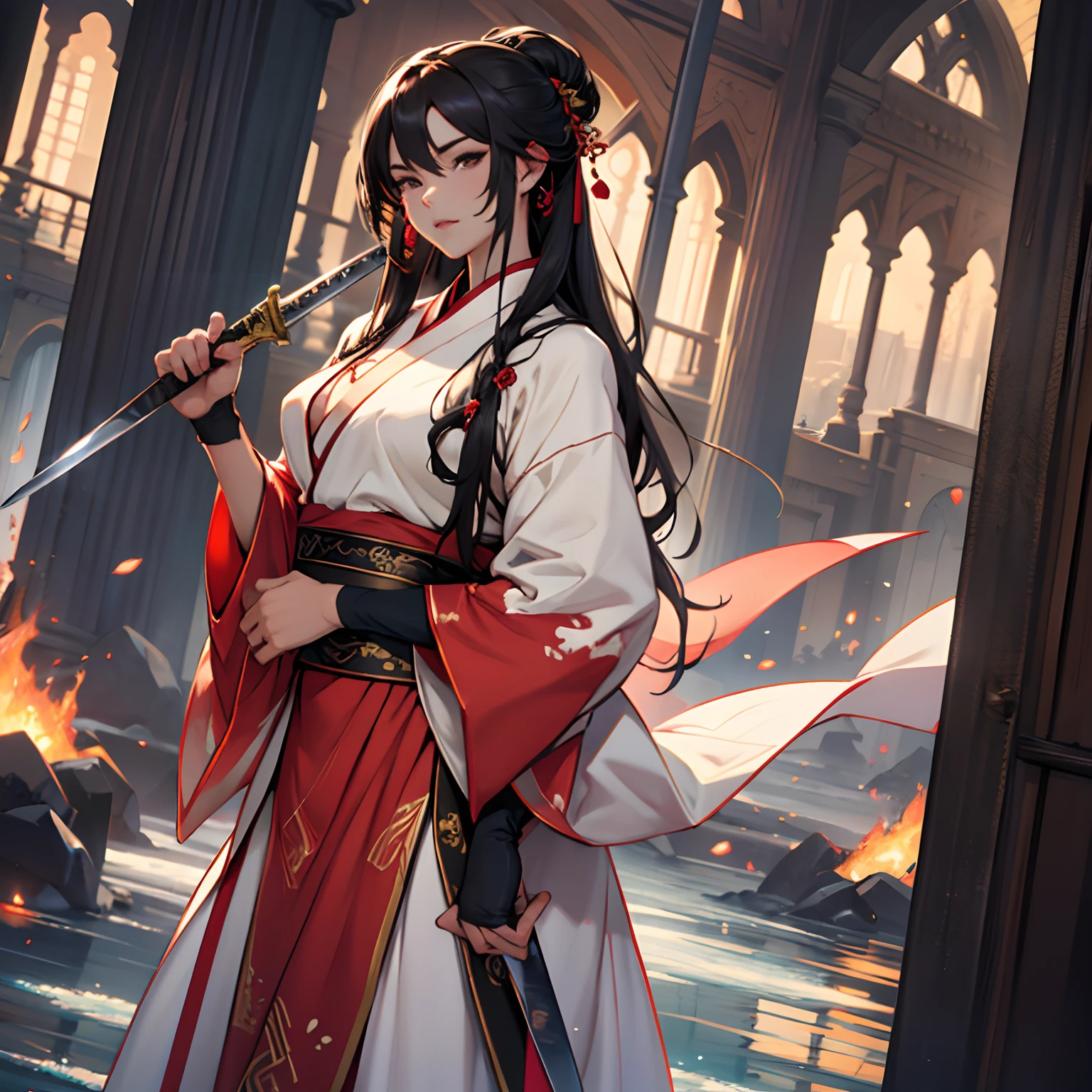Uma mulher, (mulher), usa Hanfu vermelho sexy, bonito, arrogante, cabelo vermelho longo, seios grandes, voluptuosa, Hanfu, antigo, muito sexy, atraente, dama de fogo, standingn, corpo inteiro insinuante, from head to toe,showing off holding a sword with the big blade ,long and sharp in her right hand, Near the entrance of the Fire Stream Sect