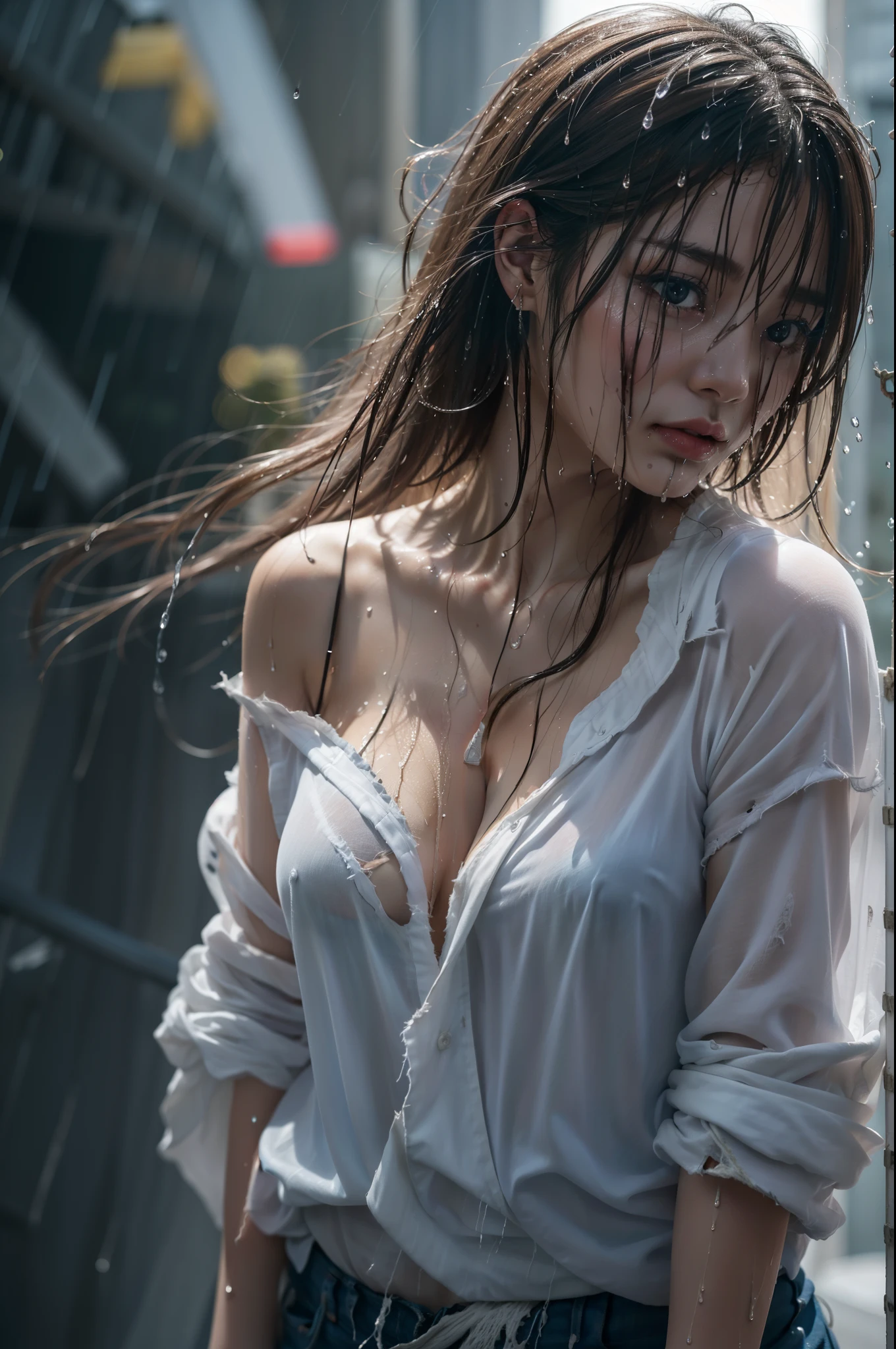 A close up of a woman in a white shirt and jeans - SeaArt AI