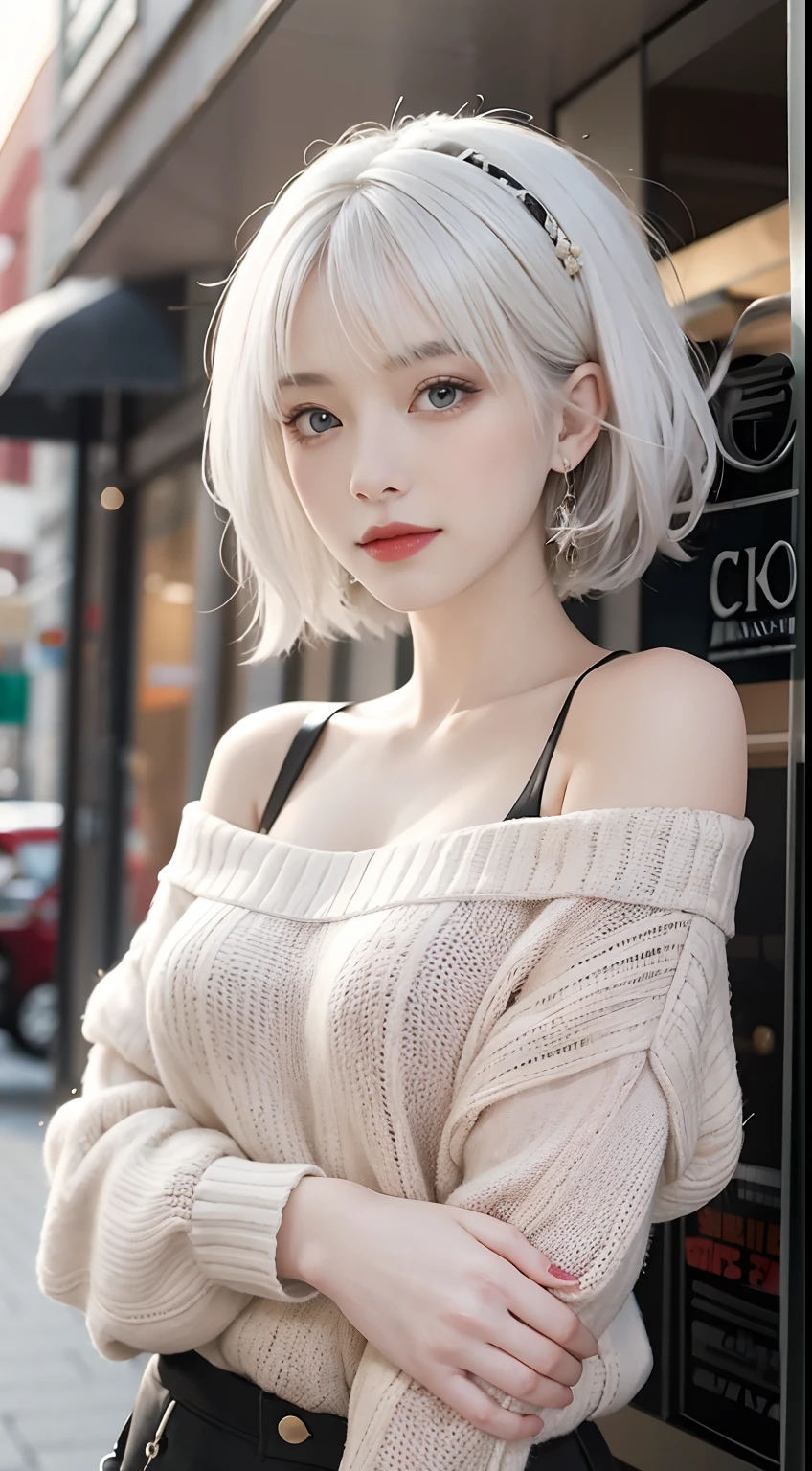 medium shot, A beautiful woman looks at the camera, white hair, Chris Foss off-shoulder sweater