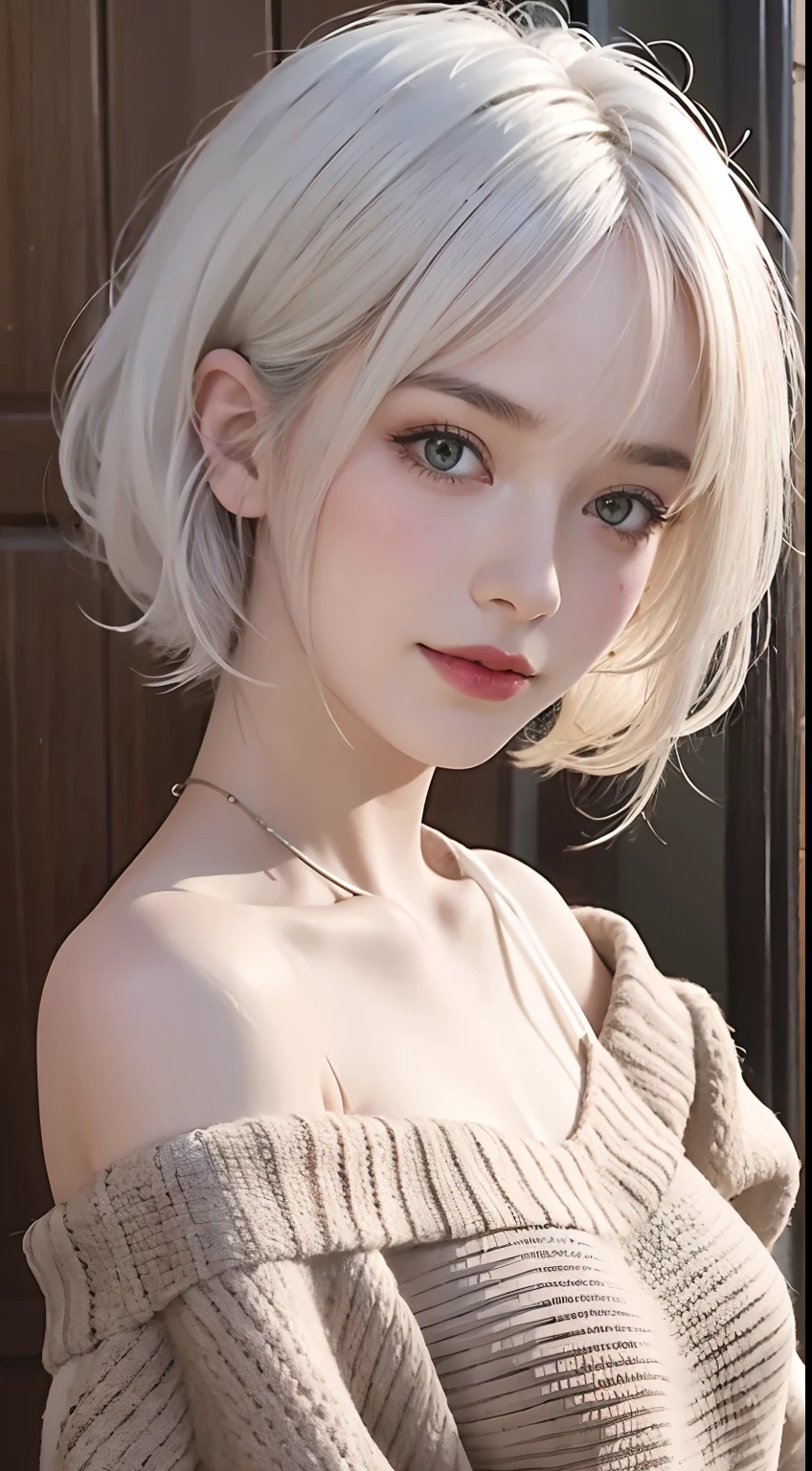 Medium Shot Shot, A beautiful woman looks at the camera, White hair, Chris Foss autumn off-the-shoulder sweater