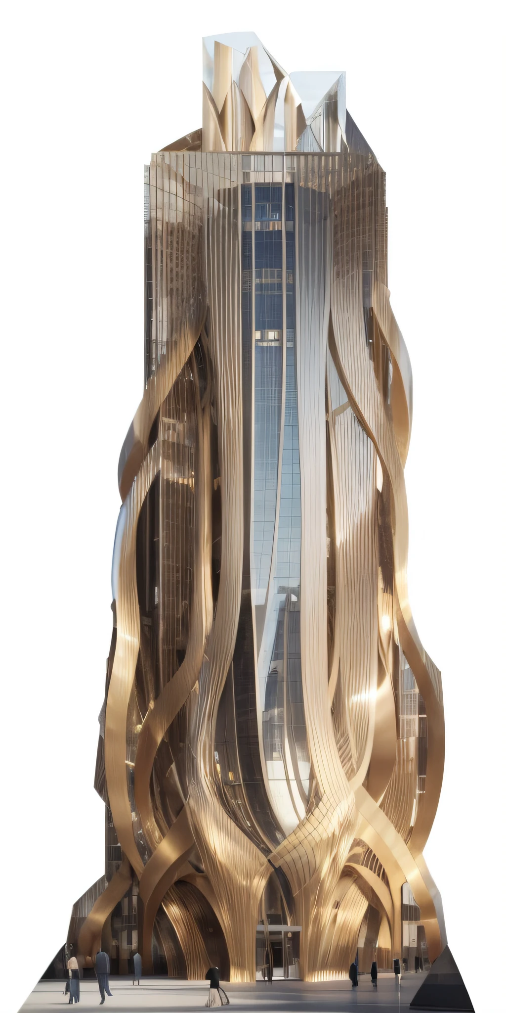 Close-up of a tall building with a very tall tower, inspired by Zaha Hadid, inspired by Zha Shibiao, cascading highrise, tall obsidian architecture, author:Chass is silent, Trump Tower, Sin Company skyscraper façade, zaha hadid octane highly render, in style of zaha hadid, author:zaha hadid, futuristic skyscrapers