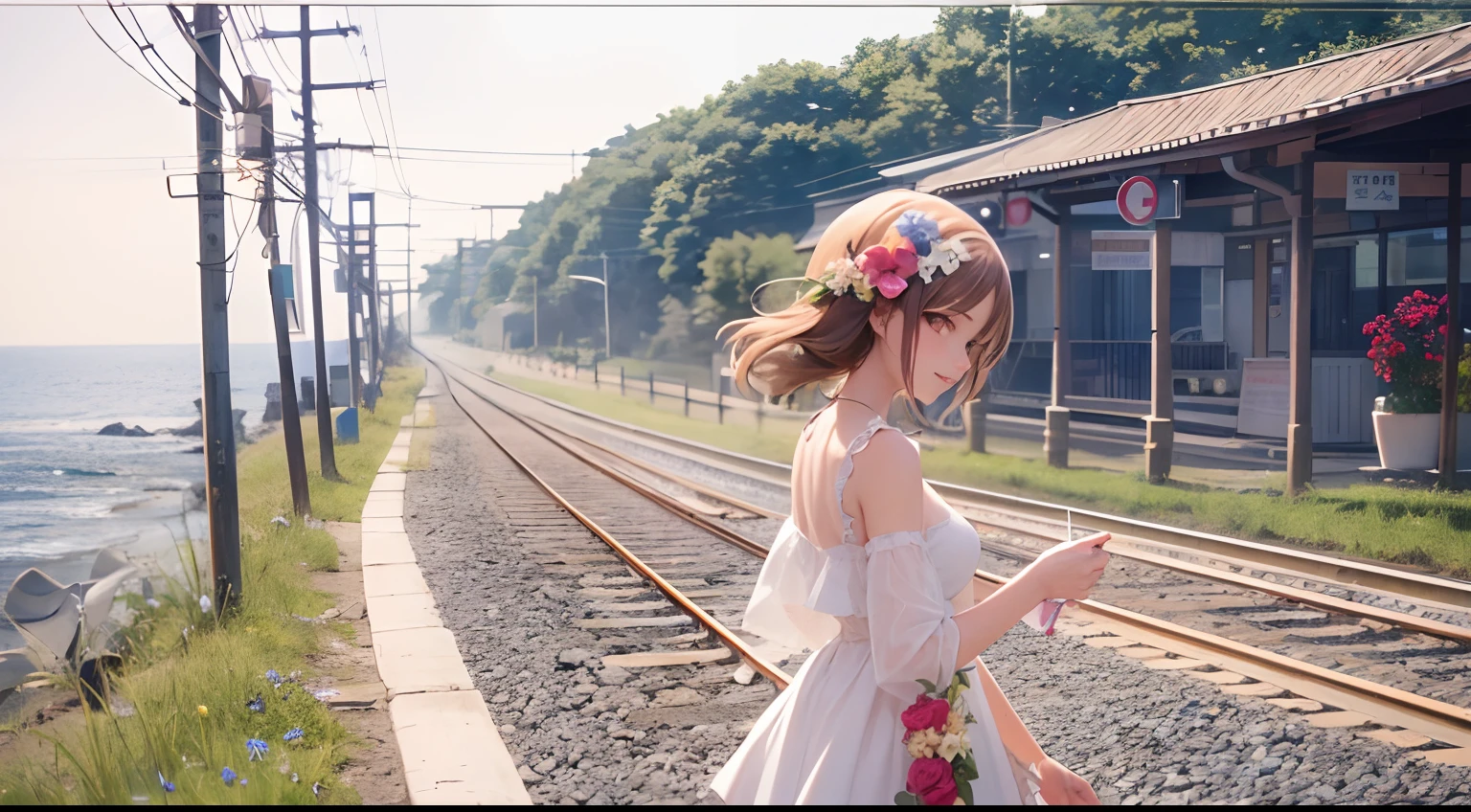 morning、Girl walking on a road parallel to the railroad tracks、You can see the sea in the background, I see the train、（ hair adornments、耳Nipple Ring、Floral hair ornament、butterfly hair ornament）、 Fuji Film, F/4.0, masutepiece, Anatomically correct、A smile, radiant light、Shinkai Makoto style