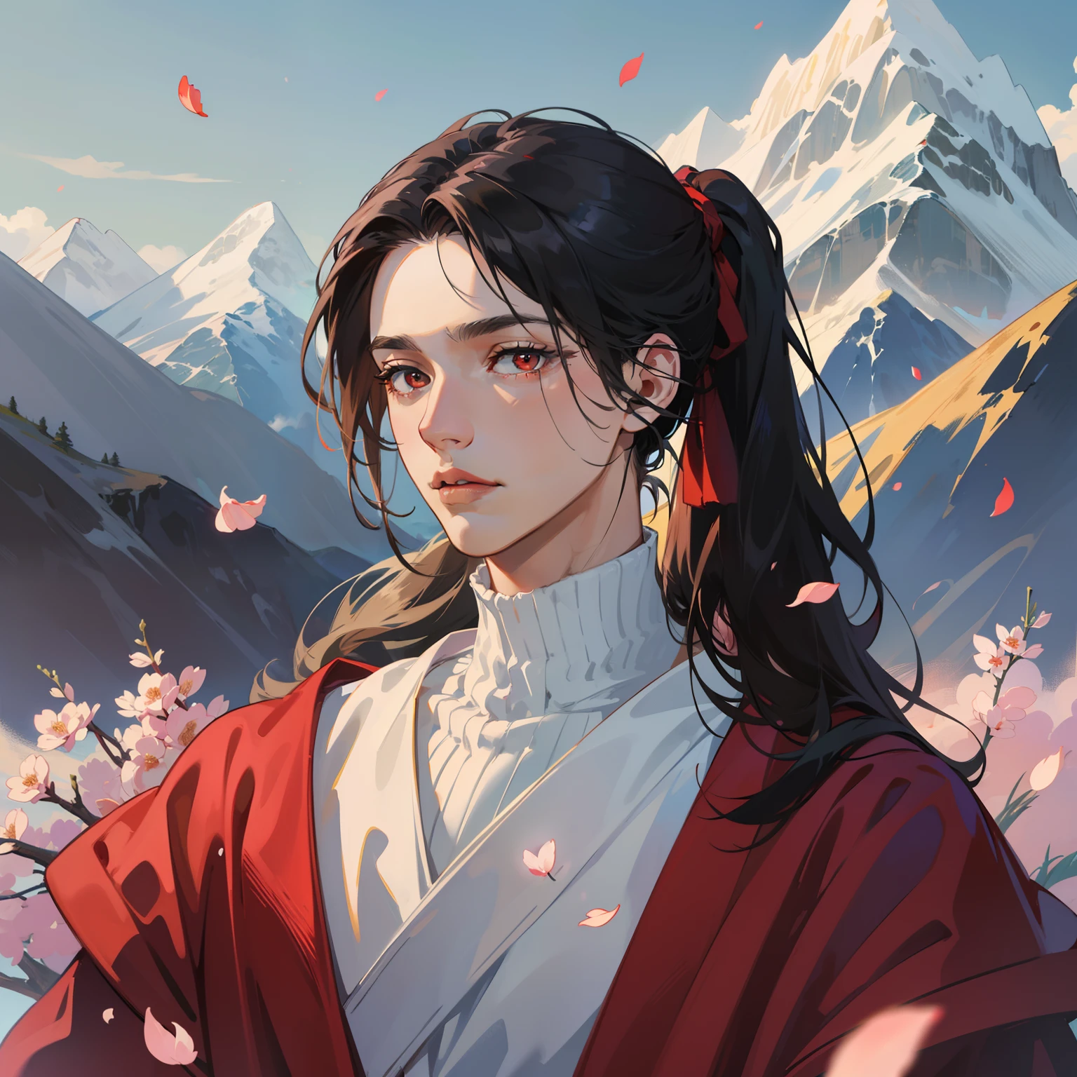 Best quality, masterpiece, potrait, avatar, half-body, 1 man, male, man focus, man only, long wavy black hair, low ponytail style, red eyes, turtle-neck with white robe, 3/4 side, bright eyes, brilliant scene, sky, looking down, looking at the viewers, city and mountainous background, flying petals