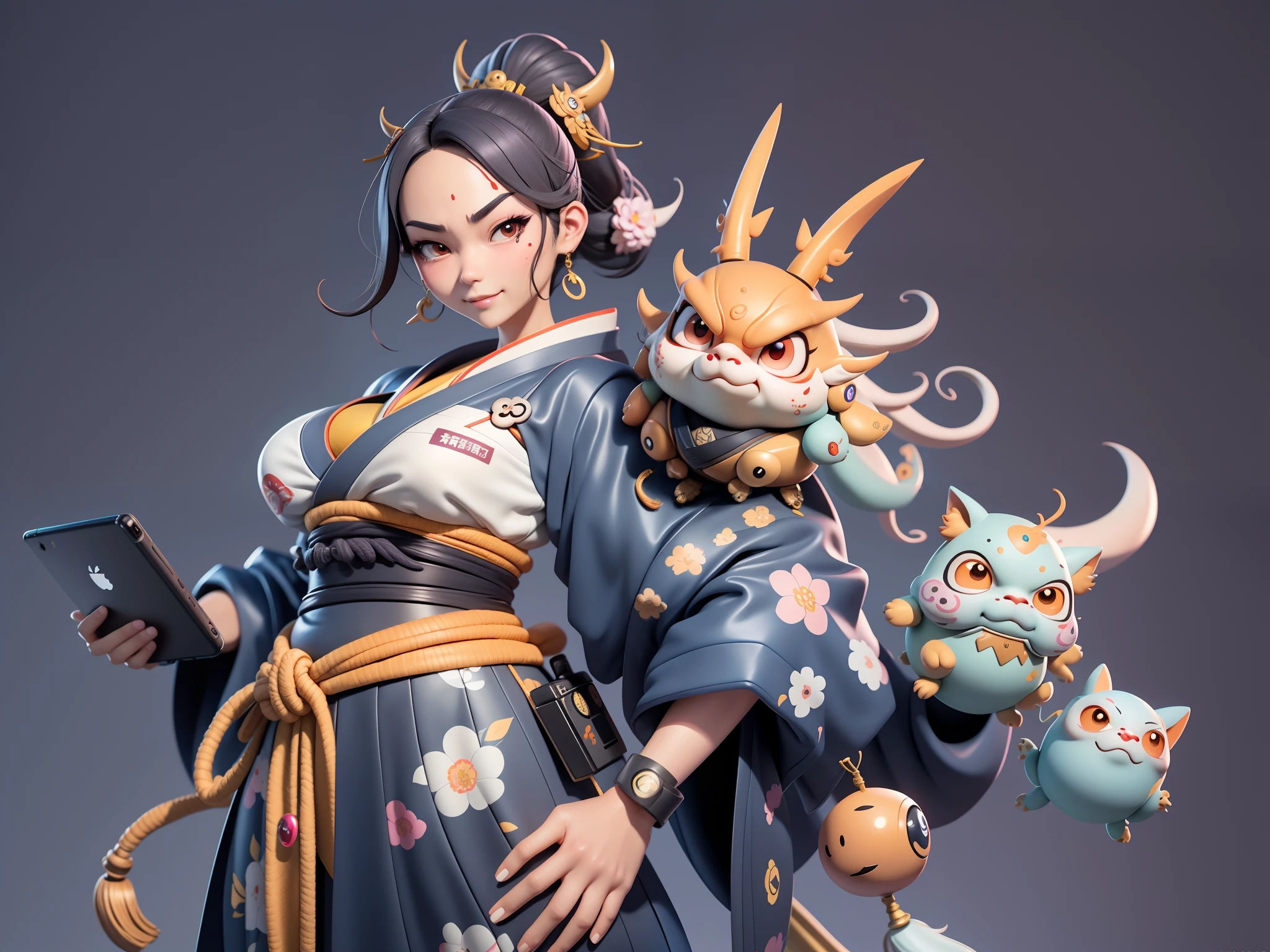 (Daisaku),(Need),(Super meticulous),(full bodyesbian:1.2),Japanese ukiyo-e girl,japanese geisha,Beautiful,Oriental dragon,Aeolian Thor,Raised sexy,爆乳,Oriental face,TV Anchor,Bust portrait illustration,Alone,In black suit,a blue tie,The face is slightly chubby,The face was clean,without a beard,Black super short hair,Black eyes,Smile confidently,3C computer sub-products,iPad, iphone,Digital painting,3D character design by Mark Clairen and Pixar and Hayao Miyazaki and Akira Toriyama,The illustration is a high-definition illustration in 4K resolution,With very detailed facial features and cartoon-style visuals。