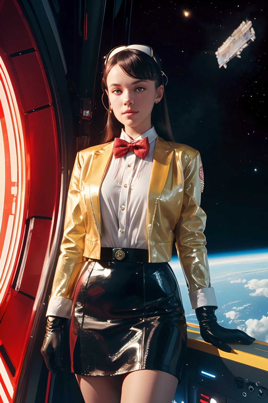 8k, ARTISTIC photography, best quality, masterpiece: 1.2), (realistic, photorealistic: 1.37)` Movie still from 2001: A Space Odyssey movie directed by (Stanley Kubrick), (cyberpunk girl ), (((Olivia Rodrigo))) , (half smile) , beautiful body, voluptuous body, thick thighs, (( red latex blazer, red school skirt, gloves, loafers, bowtie, (((over-detailed clothing))), ((syd mead)), IN A realistic futuristic space station.. background,