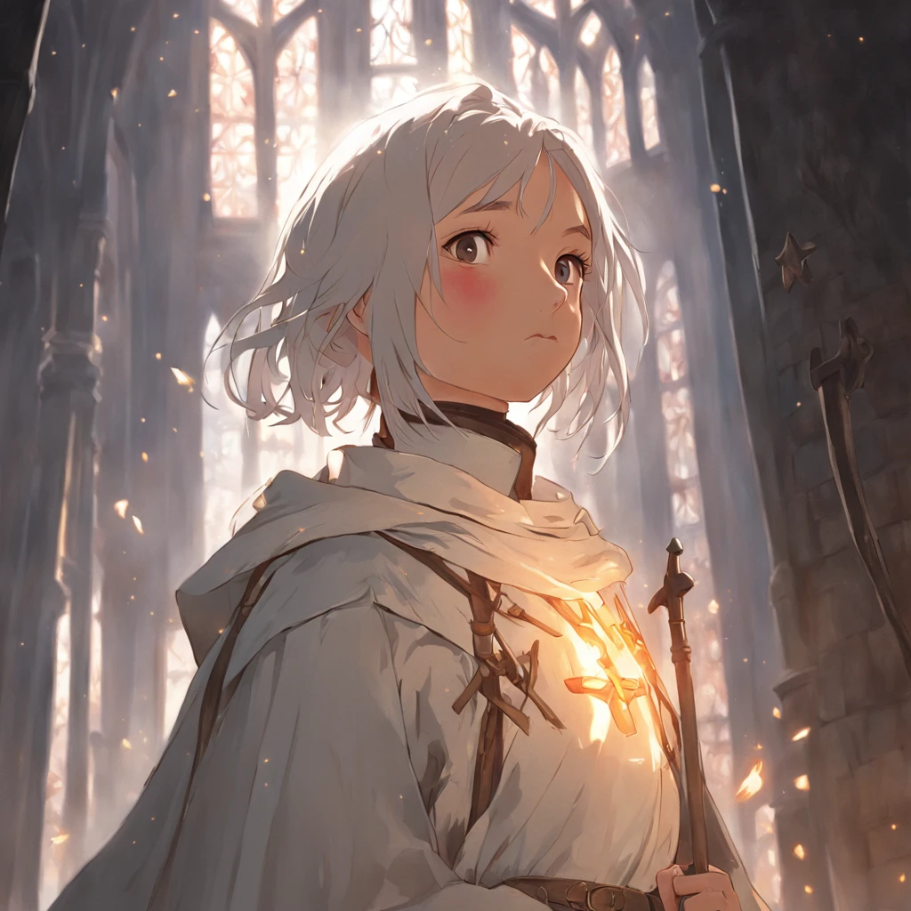 Joan of Arc, Medieval France, Petite and lean, Armor with a white coat and cross, Adobe Photoshop, Realistic digital painting, Historical portraits, high resolution, warm candlelight glow, Symbolic art, Brave, Resolute expression, Inspiring atmosphere