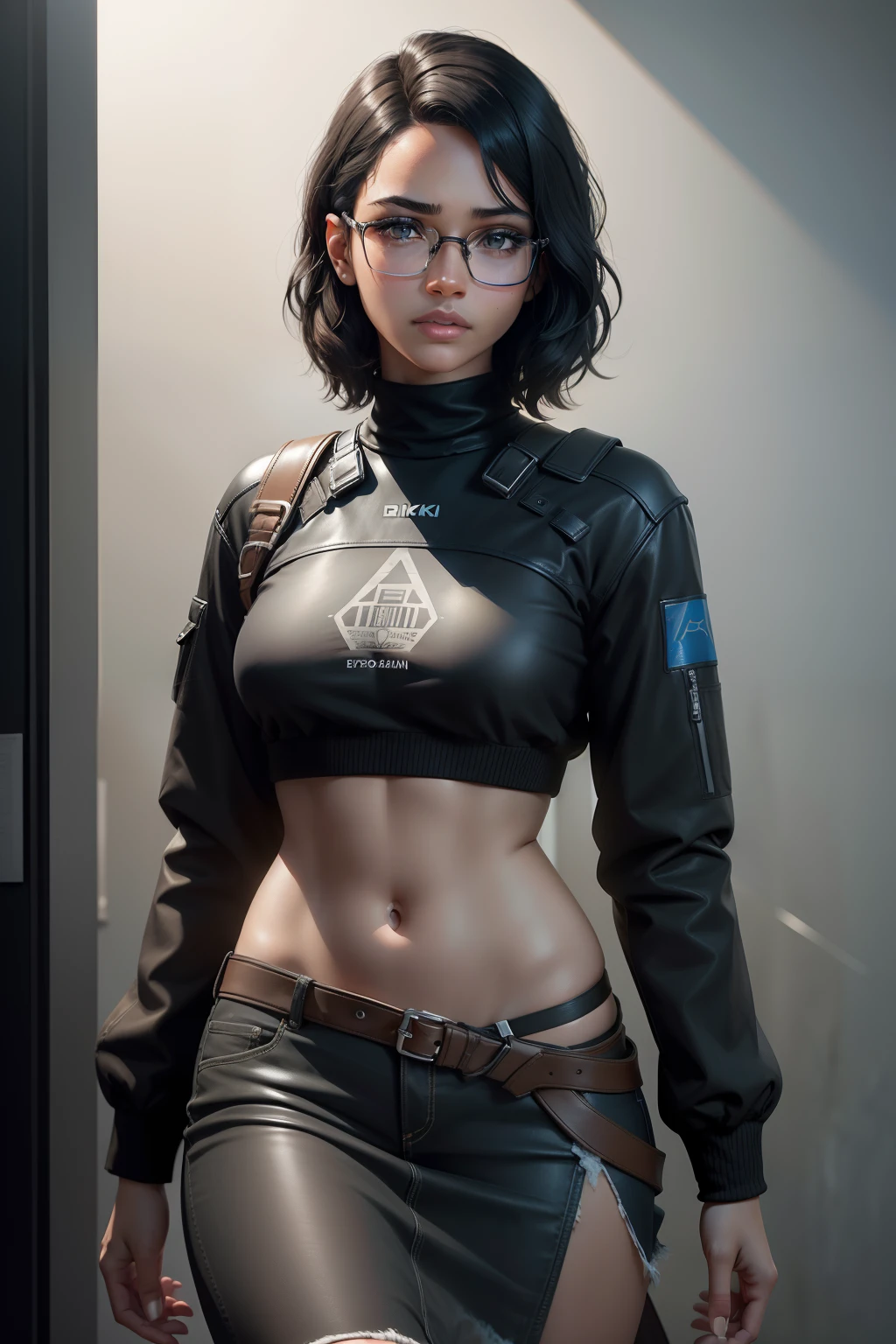 1girl, beautiful girl, wearing eyeglasses, brown skin, small mole on her left cheek, half body, Body Length 150 cm, 20 years old, brown skin girl, .(short black hair, Flat Waves Hairstyle) , (black eyes), realistic eyes, beautiful and big eyes) Classic fashion style, classic clothes, (detroit become human style), Small breasts, (8k wallpaper), (museum wallpaper) 8k, high quilty, realistic, beautiful realistic, Cool details, raw photo, realistic clothing, short hair, black hair, realistic hair, Light and cool lighting, photo realistic, Cel shaded, Gel lighting, ultra details, detroit become human style