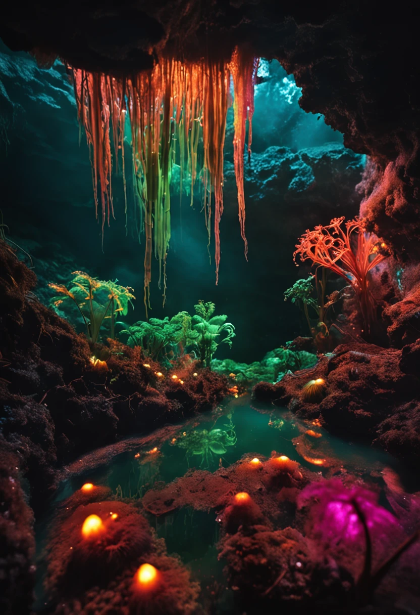 A hot spring cave with glowing plants, exotic plants, weird fungal plants, dreamy, colorful, fireflies, small mushrooms, lichens