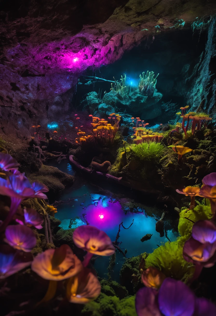 A hot spring cave with glowing plants, exotic plants, weird fungal plants, dreamy, colorful, fireflies, small mushrooms, lichens