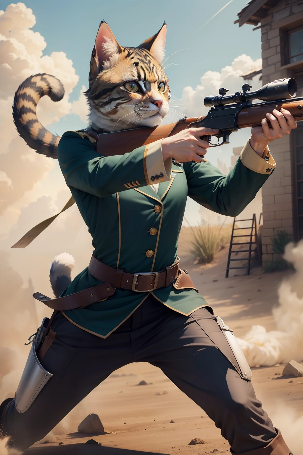 Cat furry in combat uniform roaring rifle shooting in battle