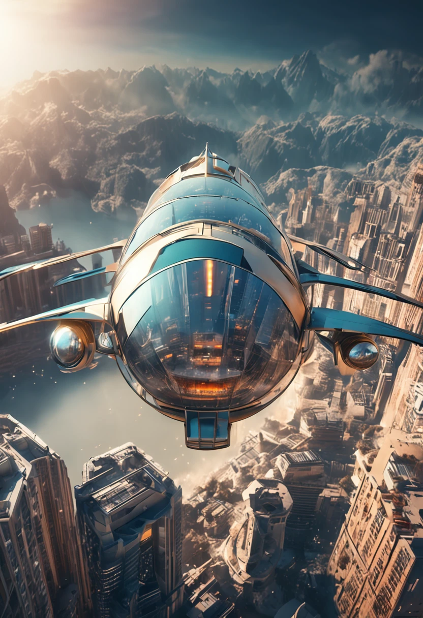 future cargo ship, design oval, cabine transparente showing piloto, flying at altitude over a city with gleaming buildings on a planet illuminated by the midday sun, (4K, 16K, masterpiece, raw photo, best quality, details), (beautiful, aesthetic, perfect, delicate, intricate)