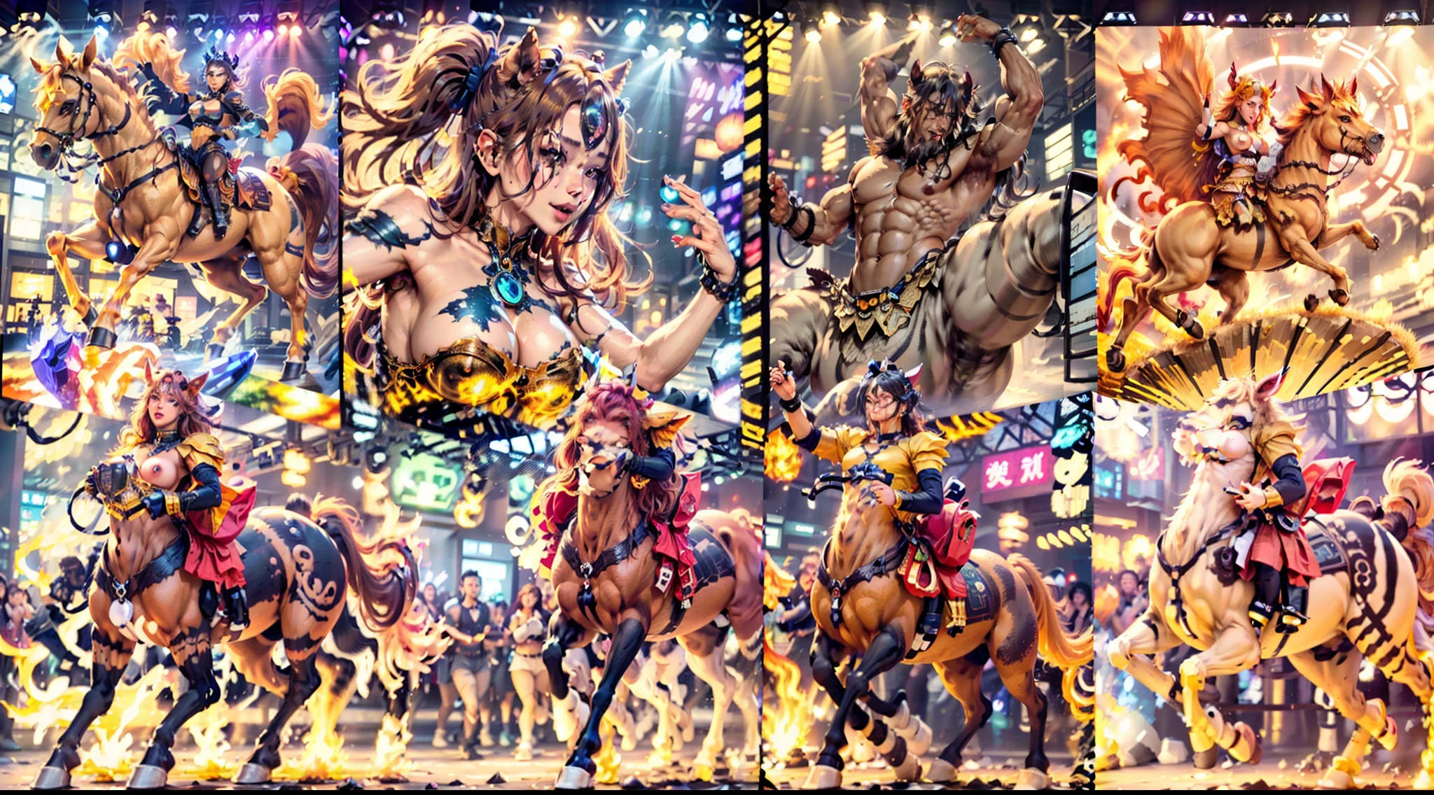 In the beautiful illustration of this super-grand scene,The ultra-long-range lens is shown(Eight unique centaur characters:9.9),They all have their own characteristics,Vivid and interesting。Radiant angelic centaurs from the heavenly realm,To the hellish centaurs surrounded by nightmarish flames,And then to the Wind Immortal Centaur dancing in the air,There are also one-horned centaurs surrounded by thunder and lightning,and mechanical centaurs that shine with metallic light,And then to the powerful dragon centaur with colored dragon scales covering the whole body,The elegant and agile elf centaur always wears a flower crown with its slender and graceful lines,Enchanting and charming Tiflin centaurs。Each character has their own unique charms and abilities。The illustration uses advanced artistic techniques and tools,(Divide the scene into sections by geometric arrangement:9.9),Each section corresponds to a centaur character,This makes more efficient use of space。Through Midjourney's advanced brush tools、Color palette、Material packs and model packs,Exquisite costumes and equipment are designed for each centaur,Enhances the character's personality and visual appeal。The scenery in the illustrations is stunning,There are changing skies、rainbowing、extreme light、Stars and Moon。Incorporating iconic landmarks such as Mount Everest,and fireworks、tranquil lake、Natural and urban elements of waves and neon lights,Creates a magical atmosphere。The centaurs showed off their skills and equipment in a variety of environments,This is true even in extreme alien landscapes。(Use Midjourney's tools、Material packs、Texture tools、The color palette makes depicting details vivid and realistic:9.9),From intricate hairstyles and clothing to authentic textures,Enhances the realism of the characters and surroundings。The fusion of multiple art styles adds movement to the centaur's movement at all angles,The overall visual experience is further enriched。The final illustration was described as a "mast