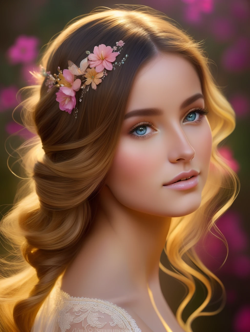 An extreme botanical masterpiece in the style of Emile Vernon, Detallado, hyper-realistic, Elemets de simbolismo y surrealismo, a painting of mse a stunningly beautiful woman by Emile Vernon, luminous design, colores tonos pastel, oro, gotas de tinta, Autumn lights, intricate design, Entrelazados, Mujer hermosa perfecta, flores, tonos pastel, oro.