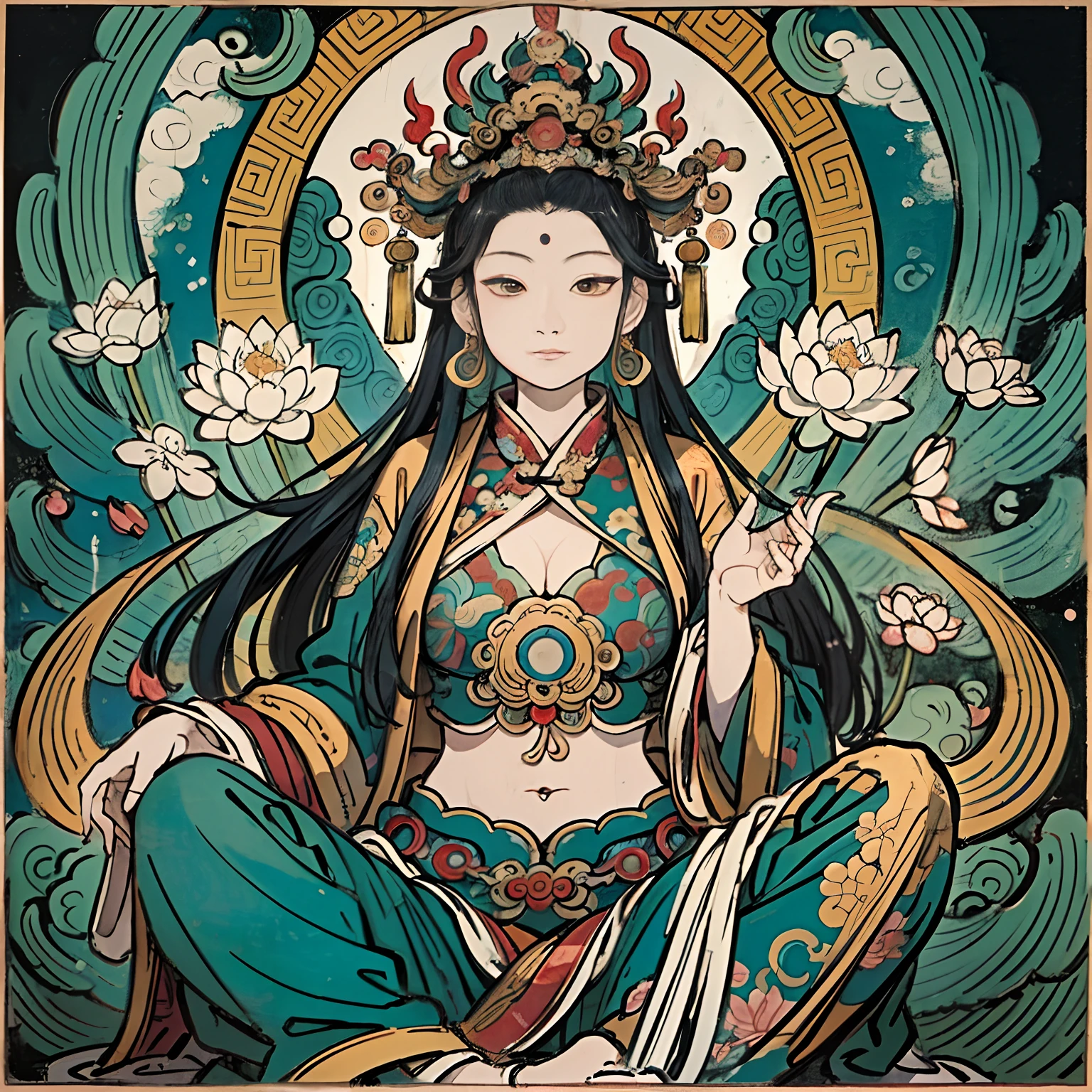 an ancient Chinese goddess, guanyin of the southern seas, Guanyin, Inspired by India, Avalokiteshvara Bodhisattva Tiger，,Serene expression,shui mo hua,Buddha,Buddhist,Lotus,Chinese painting style,Thangka style