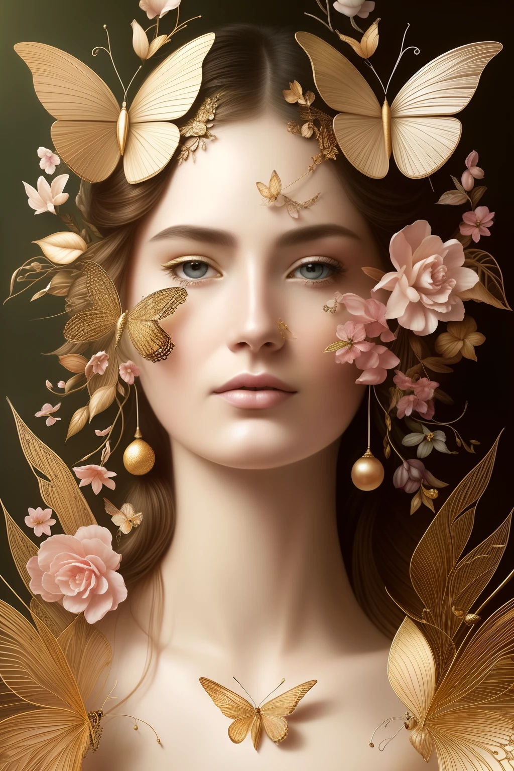 A whimsical botanical masterpiece in the style of Marco Mazzoni, Detallado, hyper-realistic, Elemets de simbolismo y surrealismo, intricate design, stunningly beautiful woman, flores, Mariposas, tonos pastel, Gold and jewelry details, Mirando al espectador, staring directly into camera.