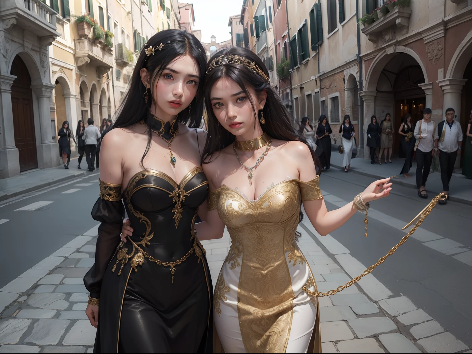 tmasterpiece,top quality picture 、Italy、Venice 、old bridge 、
15Century 、(((Very luxurious long dress))) 、 It's standing 、(((Two women))) 、 (((bound arms))) , (((arms back behind)))slaves
, full body Esbian
、Colar with rope 、(((distressed expression))) 、The string that binds the body 、Chains 、Pale green walls 、 Black hair 、low angles 、short-hair 、 Shiny and beautiful skin , Sweat, Collar and chain accessories, Beautiful black pupils and hair, Detailed expression , beautidful eyes,