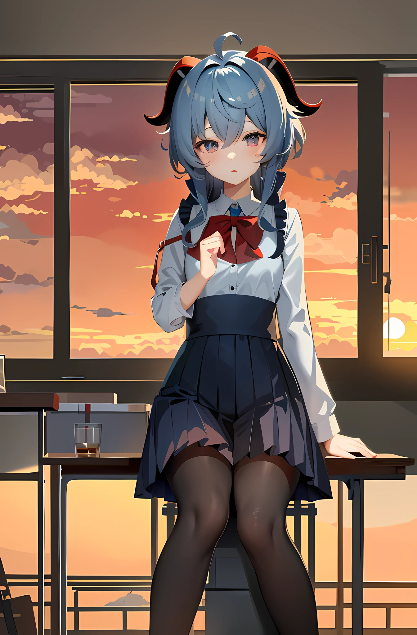anime girl sitting on a table with a cup of coffee, Anime moe art style, Kantai collection style, Anime art wallpaper 8 K, Sunset anime style, 4k anime wallpapers, blue color eyes