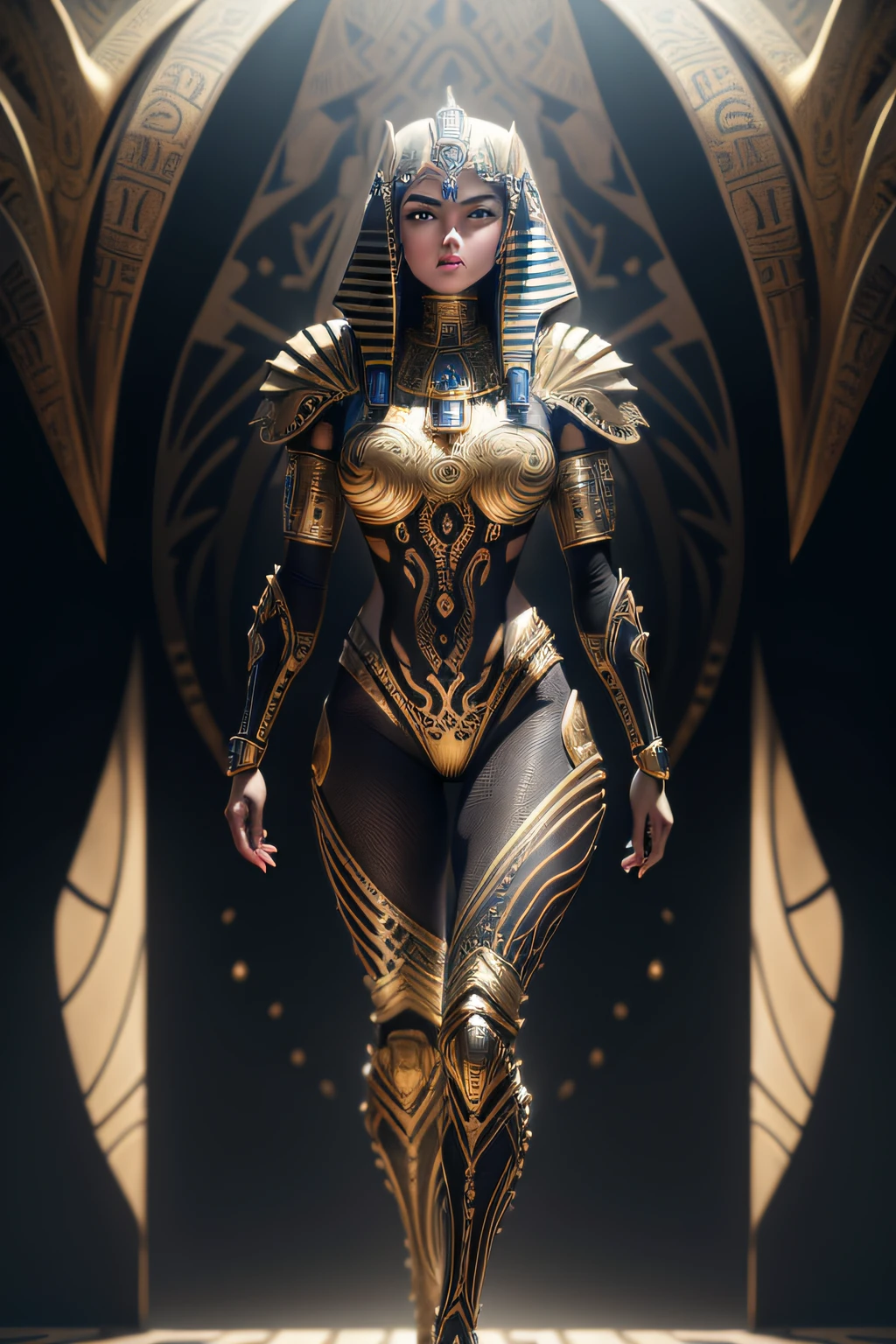 An Alien, beautiful, Buddha, male, full body, full head, full body, perfect anatomy, highly detailed, high quality model, fantasy, spectacular, slim, hyperrealistic, photography , Kleopatra , Egypt, small waist, ebony, slim