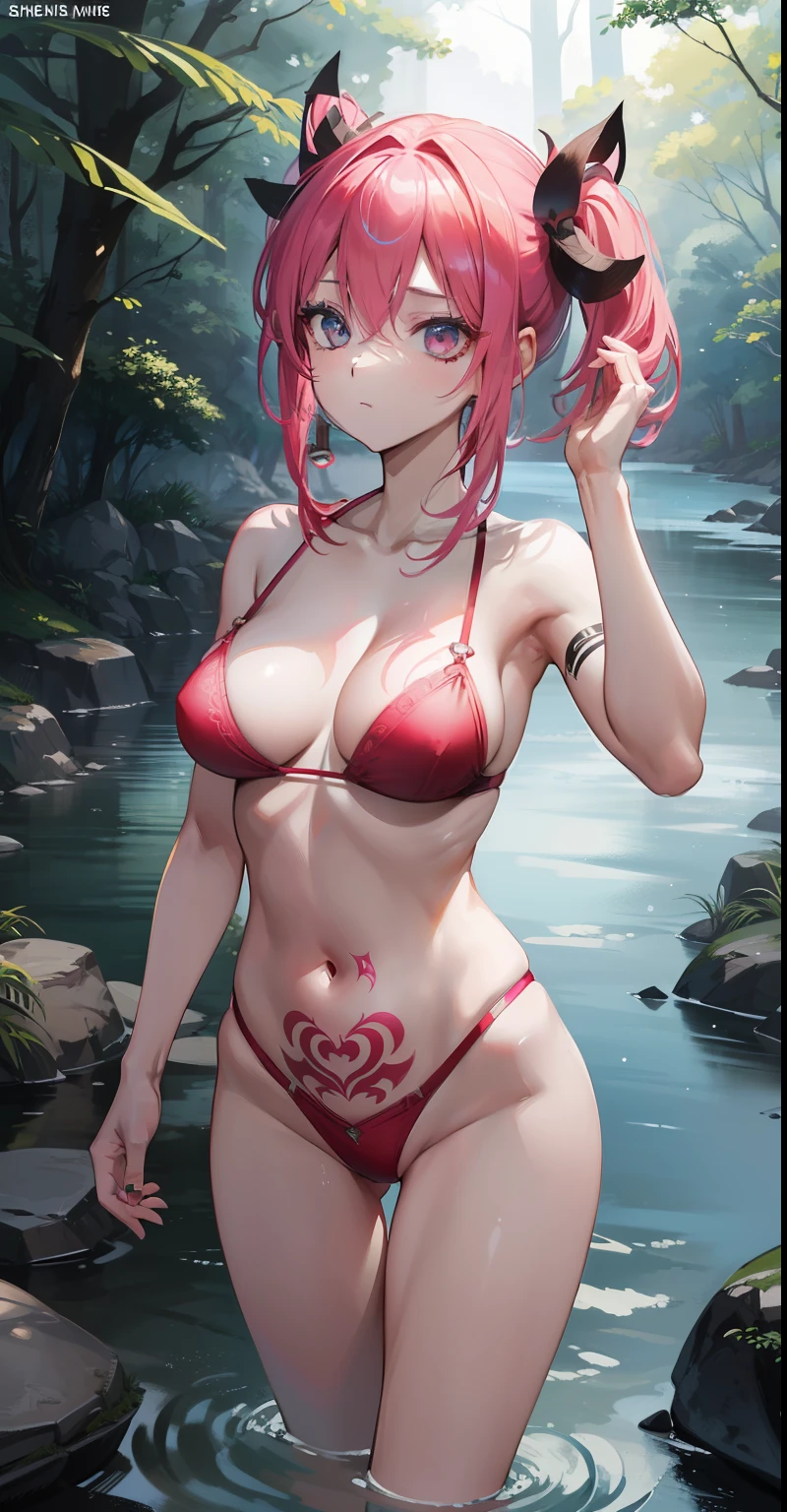 1girl, 16mm, 12mm, full frame, wide, (best quality), Shiranui Mai, Nami, medium breasts, professional lighting, (ultra high resolution), high resolution, tight fishnet, pink, tattoo, (cinematic lighting), POV, 4k, 8k, masterpiece, realistic light, natural light, realistic shadow, forest, river,