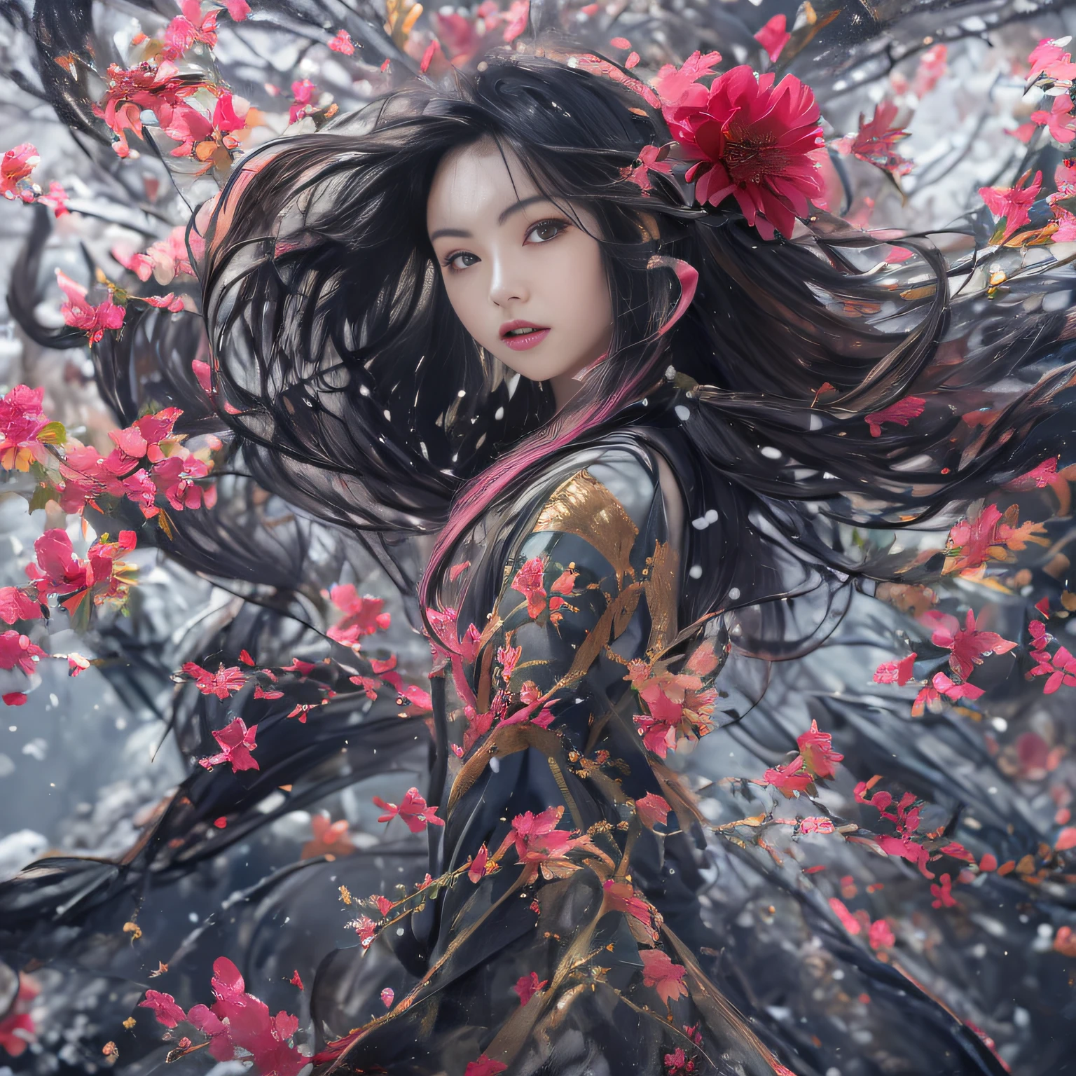 32K(tmasterpiece,k hd,hyper HD,16k)Long flowing black hair,Rockery,zydink, a color, Golden State people (Seduce girls), (Red scarf in the snow), jumping posture, looking at the ground, long whitr hair, Floating hair, Carp pattern headdress, Chinese long-sleeved silver battle robe, (Abstract gouache splash:1.2), Pink petal background,Tulips flying(realisticlying:1.4),Black color hair,Fallen leaves flutter,The background is pure, A high resolution, the detail, RAW photogr, Sharp Re, Nikon D850 Film Stock Photo by Jefferies Lee 4 Kodak Portra 400 Camera F1.6 shots, Rich colors, ultra-realistic vivid textures, Dramatic lighting, Unreal Engine Art Station Trend, cinestir 800,Long flowing black hair,Transparent robe clothing