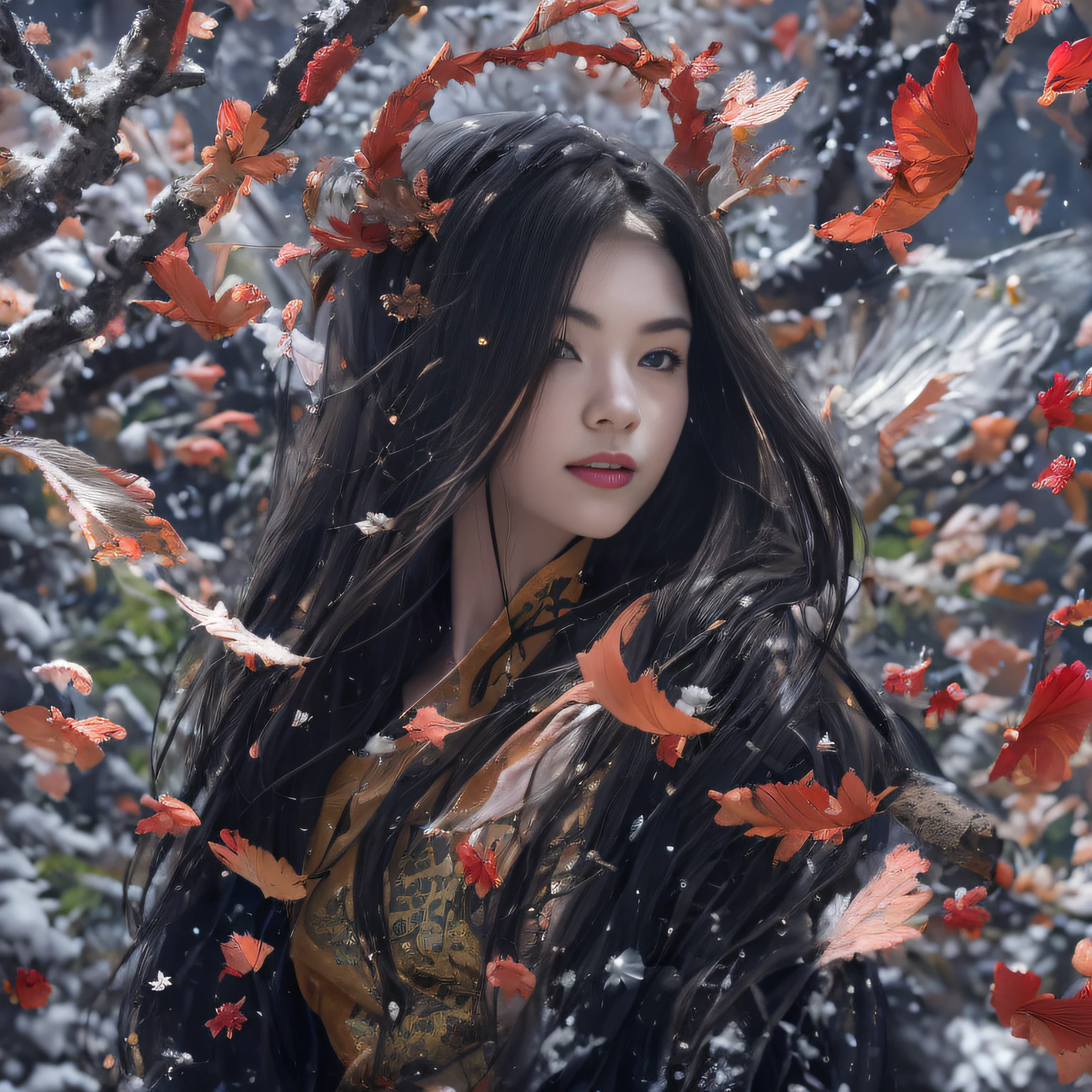 32K(tmasterpiece,k hd,hyper HD,16k)Long flowing black hair,Rockery,zydink, a color, Golden State people (Seduce girls), (Red scarf in the snow), jumping posture, looking at the ground, long whitr hair, Floating hair, Carp pattern headdress, Chinese long-sleeved silver battle robe, (Abstract gouache splash:1.2), Pink petal background,Tulips flying(realisticlying:1.4),Black color hair,Fallen leaves flutter,The background is pure, A high resolution, the detail, RAW photogr, Sharp Re, Nikon D850 Film Stock Photo by Jefferies Lee 4 Kodak Portra 400 Camera F1.6 shots, Rich colors, ultra-realistic vivid textures, Dramatic lighting, Unreal Engine Art Station Trend, cinestir 800,Long flowing black hair,Transparent robe clothing