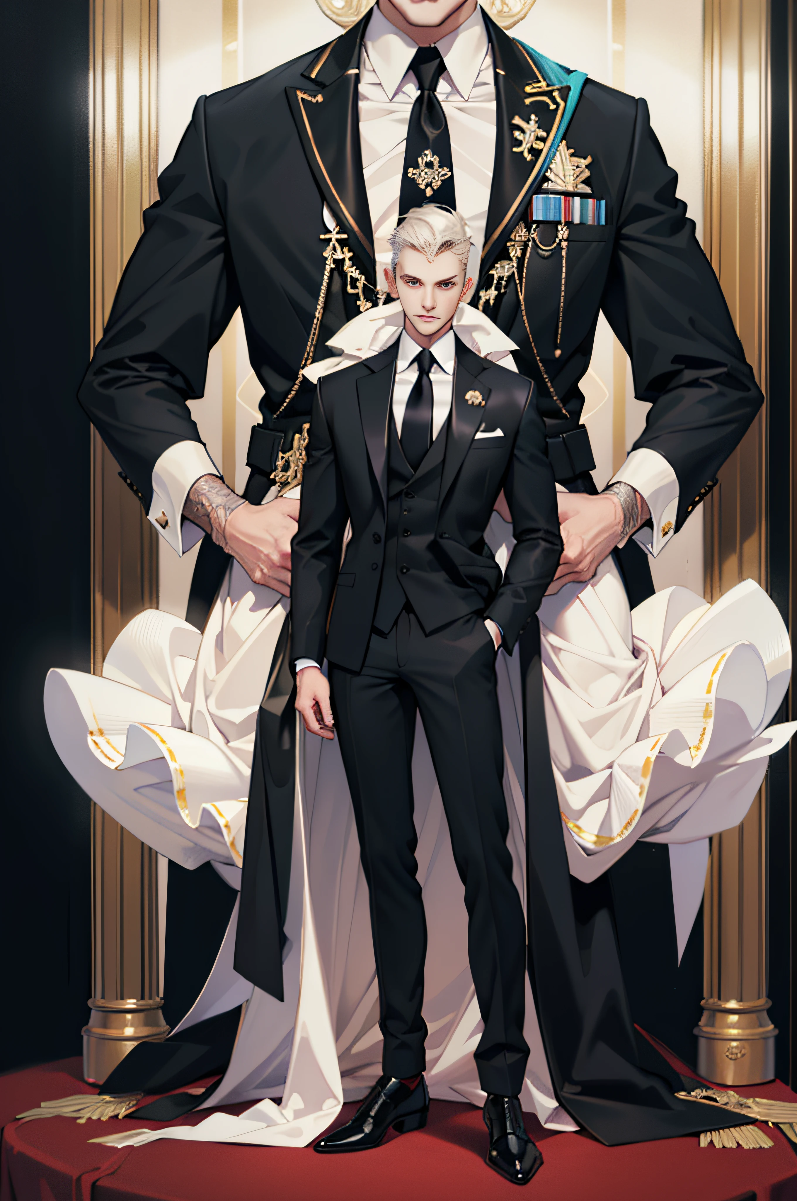 (absurderes, hight resolution, ultra-detailliert),1 male、Adults、a handsome、A tall man、broad shoulder、Detailed eyes and detailed face、Caius is a handsome man, Stand at 7 feet tall. He has the structure of a kinetic body. Big bulge in his pants. good quality, top-quality, masterpiece, hight resolution、full body Esbian、Men in suits、the whole、an legs、to stand、Full body photo、formal suit、neck tie、gentleman