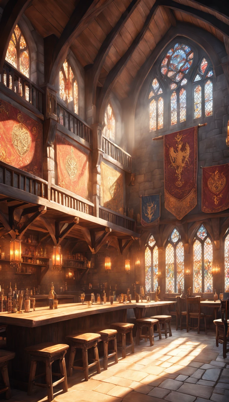 style-hamunaptra_sd2 zrpgstyle, medieval fantasy tavern interior, colorful tapestries on the walls Game of Thrones Hogwarts bright morning sunlight shining in from windows Clutter-Home,  high quality (detailed) (intricate) (8k) (HDR) (wallpaper) (cinematic lighting) (sharp focus)