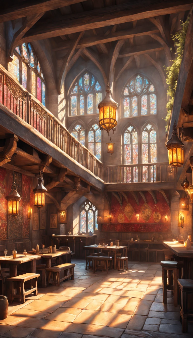 style-hamunaptra_sd2 zrpgstyle, medieval fantasy tavern interior, colorful tapestries on the walls Game of Thrones Hogwarts bright morning sunlight shining in from windows Clutter-Home,  high quality (detailed) (intricate) (8k) (HDR) (wallpaper) (cinematic lighting) (sharp focus)